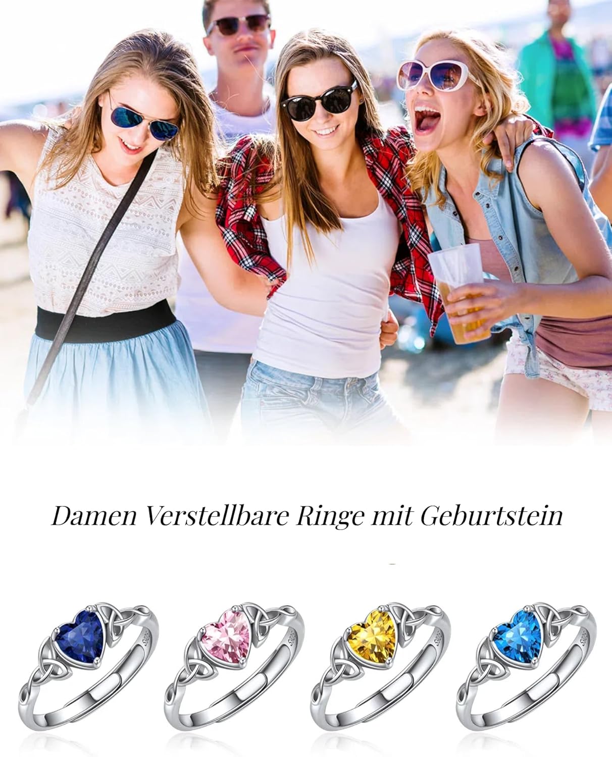 Thumbnail 2 de ChicSilver Ring 925 Silber Damen Verstellbarring mit Zirkonia – Herz, Keltischer Knot und Birthstone