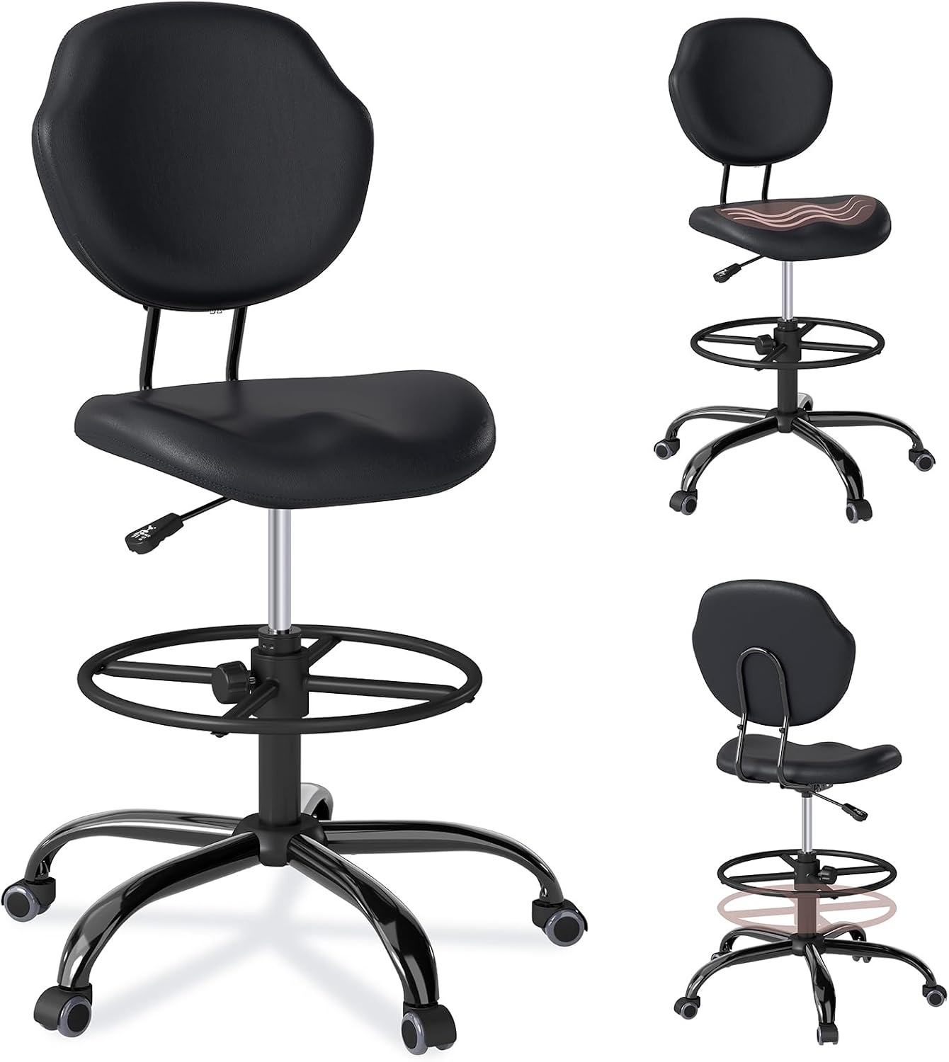 Detalle de Nusetx NS-7227BK Drafting Chair with Back Support, Faux Leather and Footrest Ring