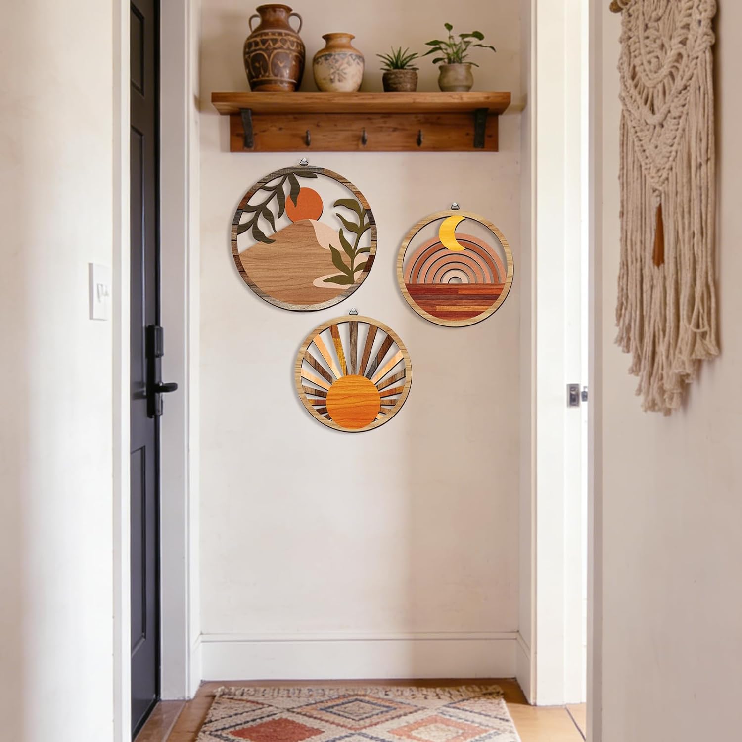 Thumbnail 4 de Twinklemon set of 6 bohemian wooden wall art pieces with round moon & sun designs and hooks