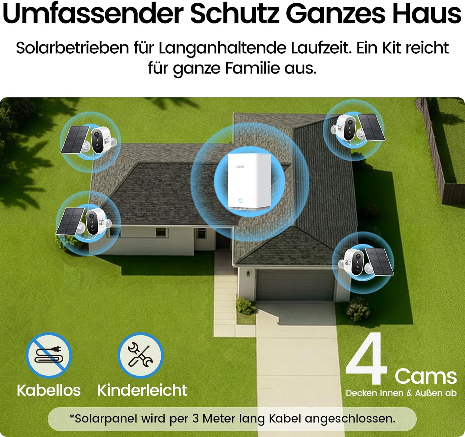 Thumbnail 2 de AOSU 2K Außen-Überwachungskamera 4er-Kit mit Aosubase 2.0 – Solar, 32 GB Speicher, 2‑Wege Audio