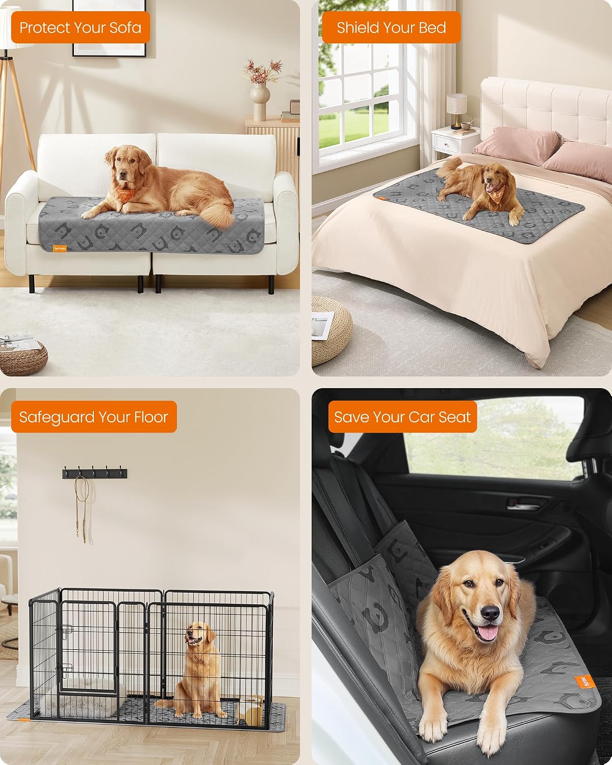Detalle de Feandrea PPB024GD01 Waterproof Dog Blanket, Quilted Microfibre, Non-Slip Backing