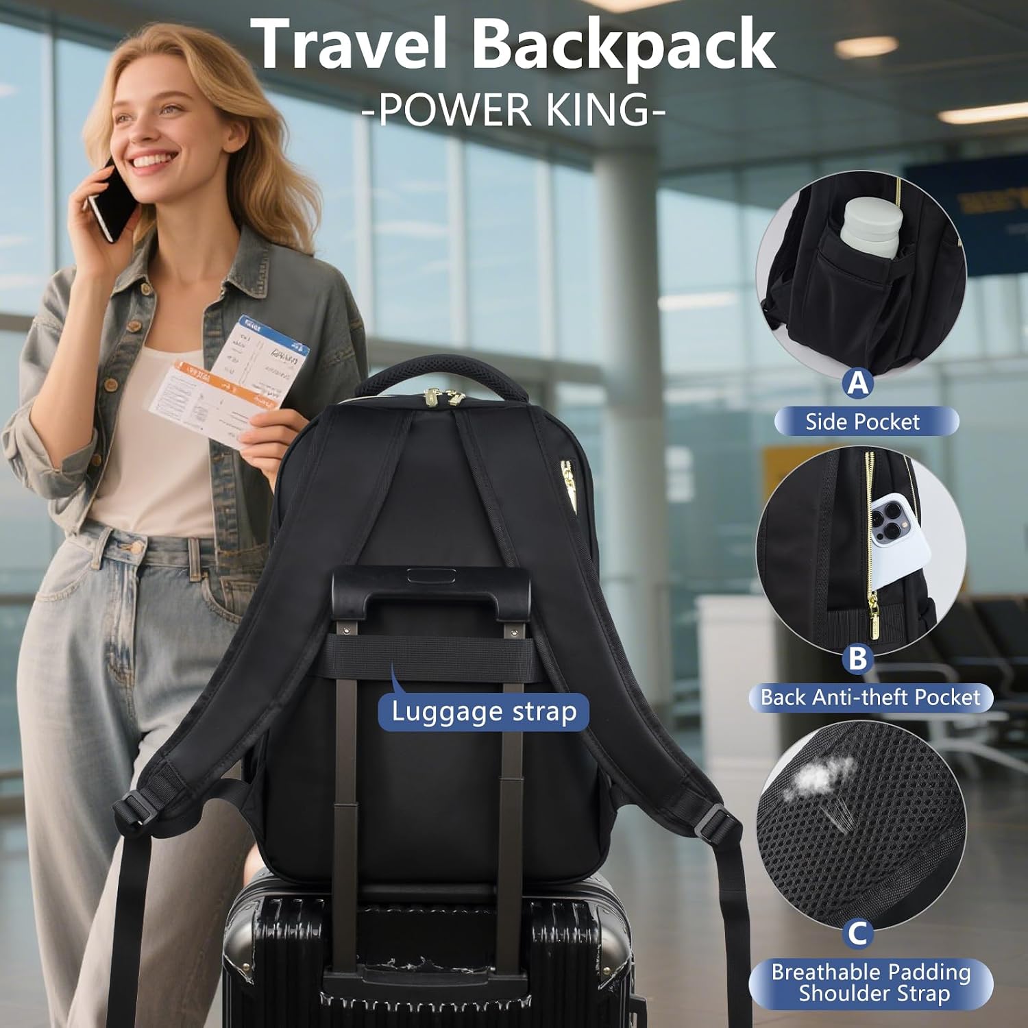Detalle de POWER KING 15.6-inch Laptop Backpack (25L) with Anti-theft Pocket & Waterproof Design
