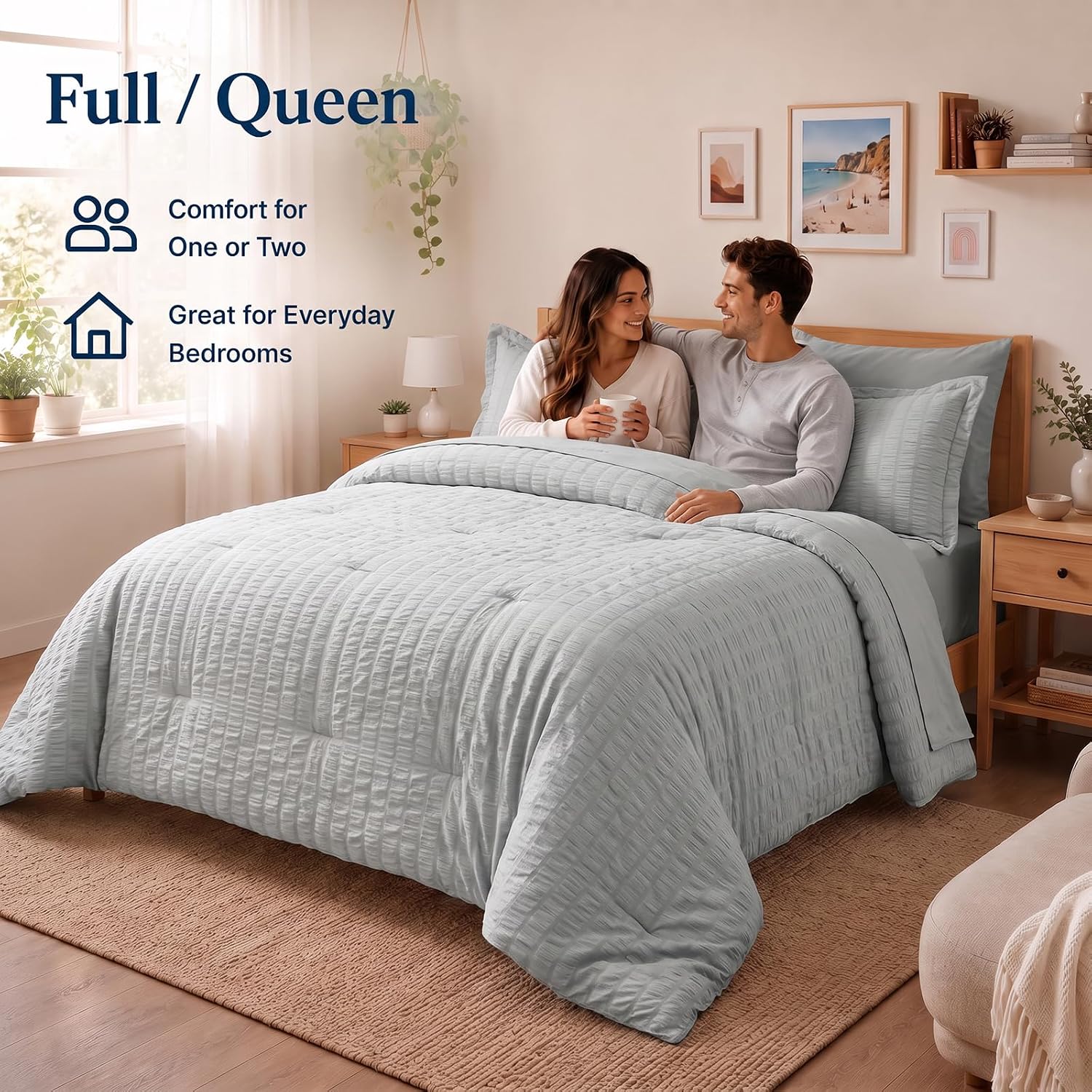 Detalle de CozyLux Queen Seersucker 7-Piece Bedding Set in Gray - Soft Microfiber & Wrinkle-Resistant Comfort