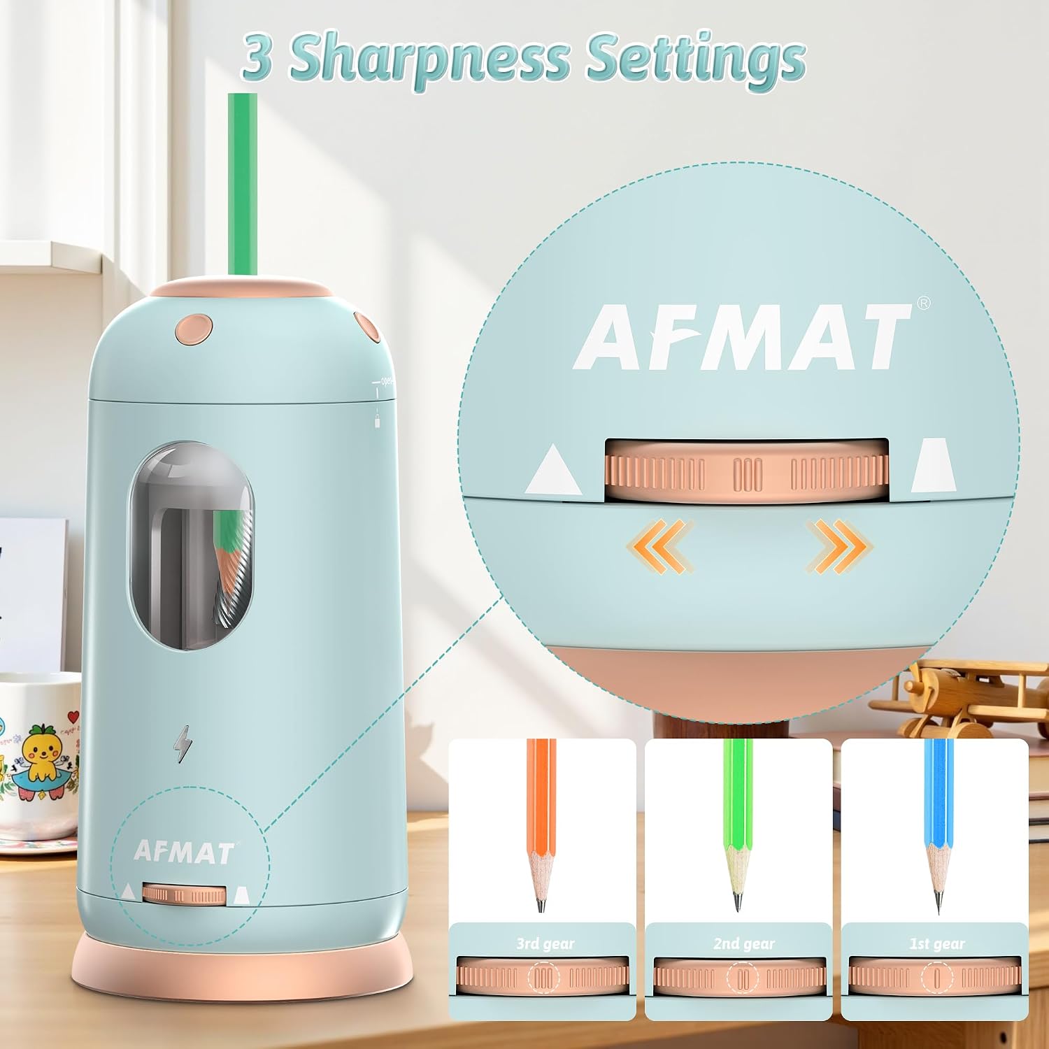 Detalle de AFMAT Robust elektrischer Anspitzer USB (Ringpunkt) für Bleistifte 7–11,5 mm – wiederaufladbar, blau