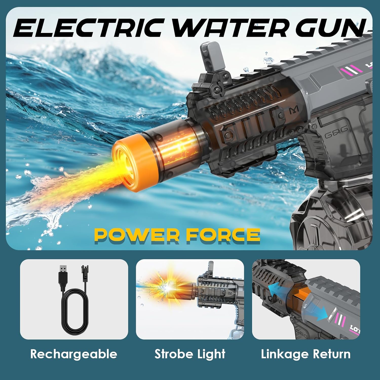 Detalle de Electric Water Gun for Kids: Automatic 8m Range Blaster with Large Tank and LED Muzzle
