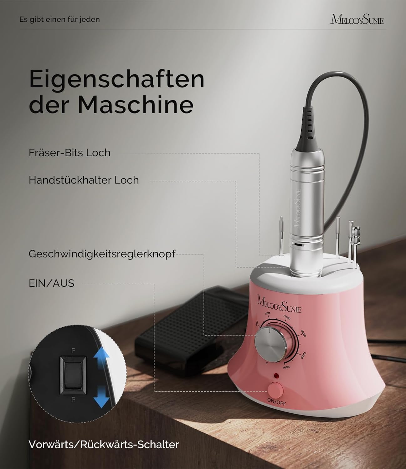 Thumbnail 4 de MelodySusie Elektrische Nagelfräser mit 30.000 U/Min, Set für Maniküre & Pediküre inkl. Fußpedal (rosa)