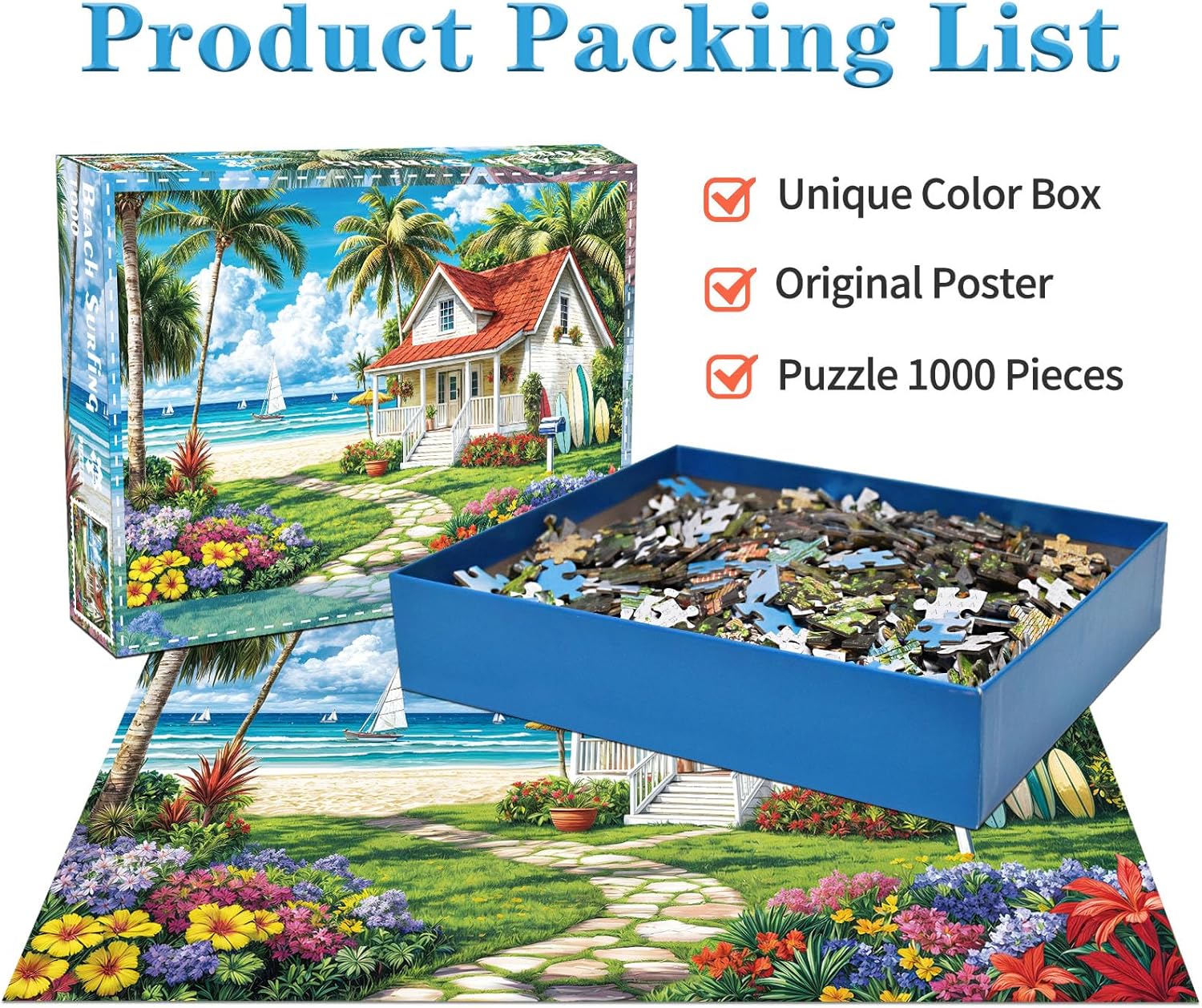 Thumbnail 1 de 1000-Piece Beach House Fun Surfing Jigsaw Puzzle for Adults (70cm x 50cm)