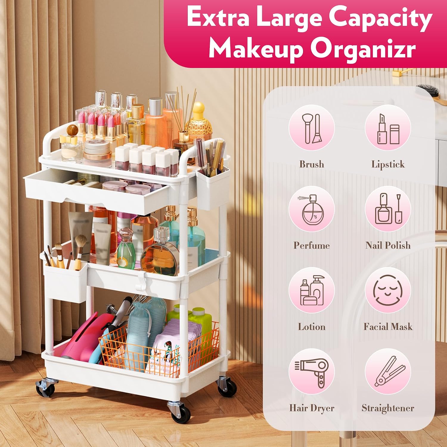 Detalle 2 de SUNALLY Makeup Cart Organizer with Drawers 3-Tier