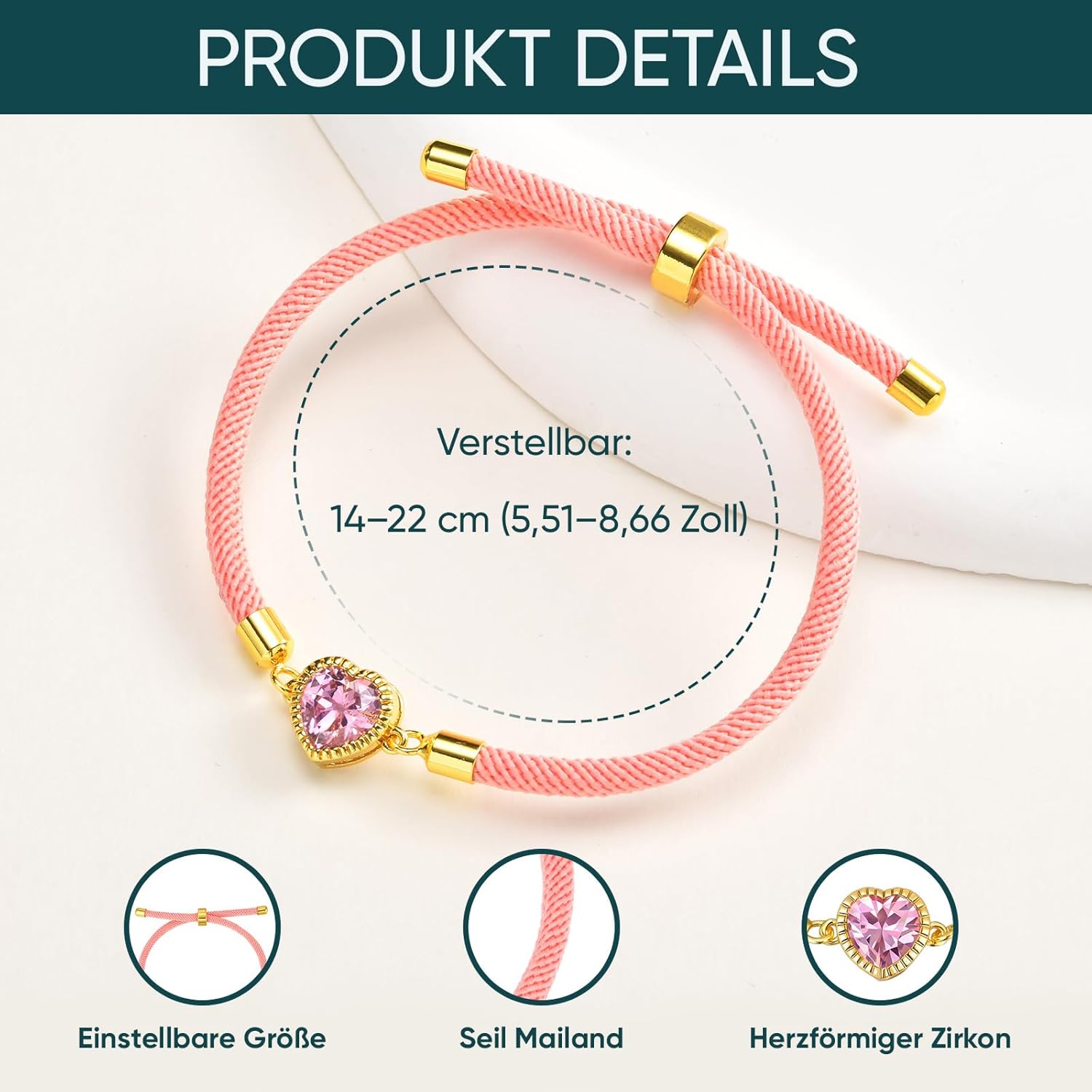 Thumbnail 4 de Gamtic Herz Armband Damen Freundschaftsarmband mit CZ-Herz, verstellbarem Knoten & Glückskarte