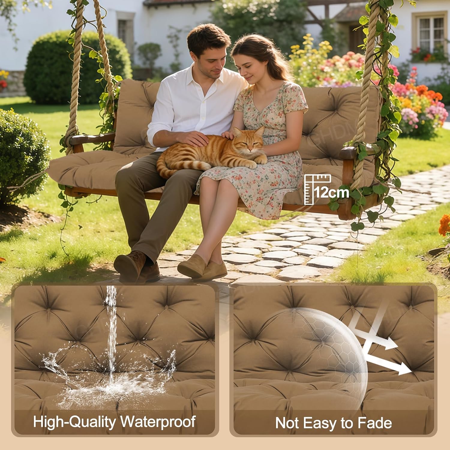 Thumbnail 1 de GHDM Garden Bench Cushion Thick 12cm Swing Cushions for 3-Seater with Backrest and Ties (150cm, Brown)