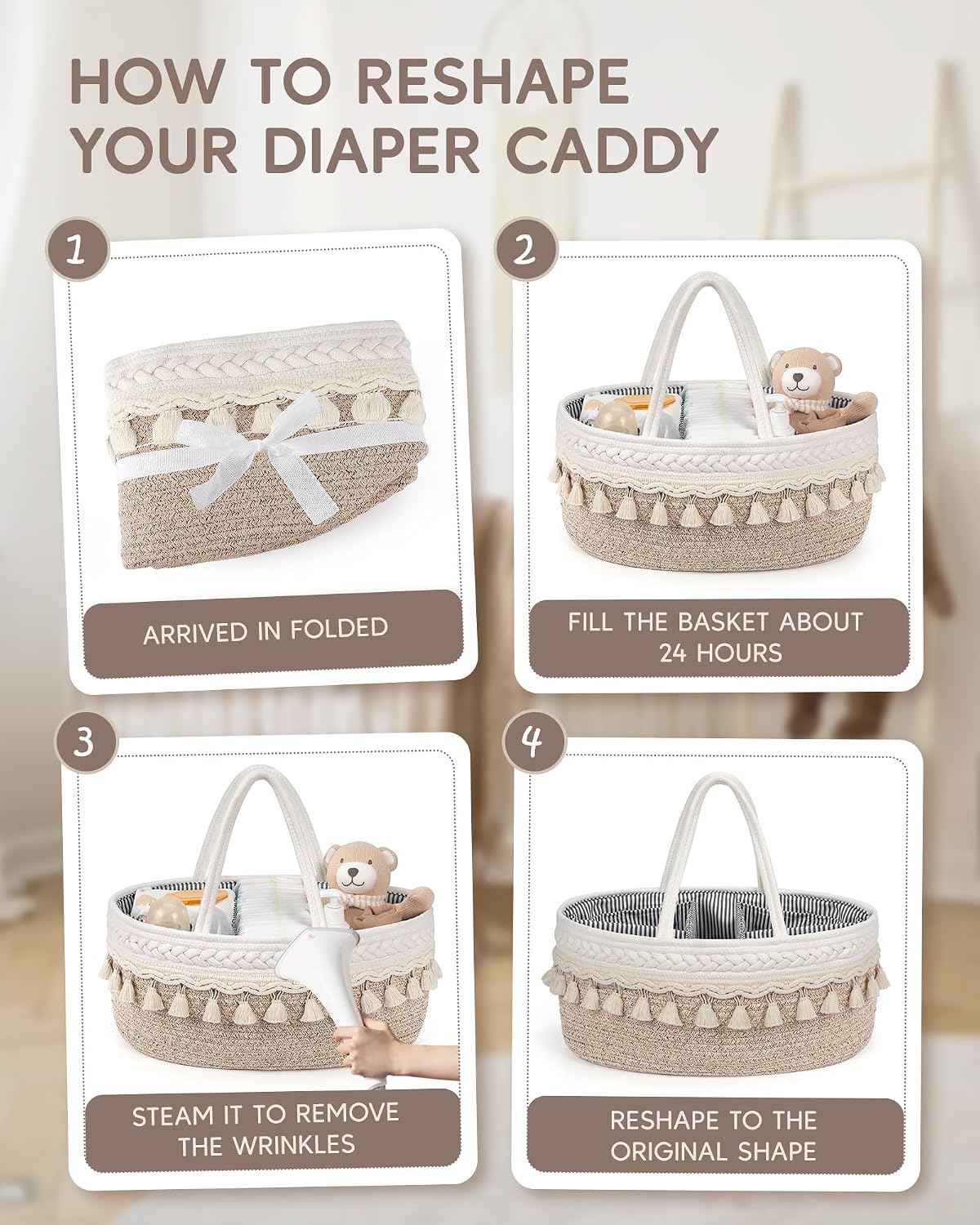 Thumbnail 6 de Maliton Baby Windel Caddy Organizer – Boho Wickeltisch Aufbewahrung 45×27×18 cm