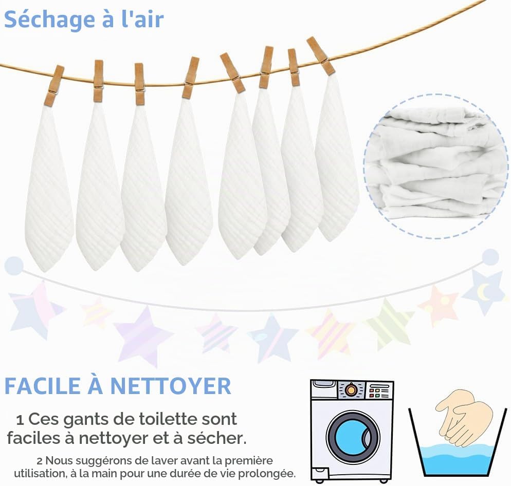 Detalle 1 de Aolso EUV8-CBFJ-FBA katoenen babywashandjes, 8 stuks, 30 x 30 cm, wit