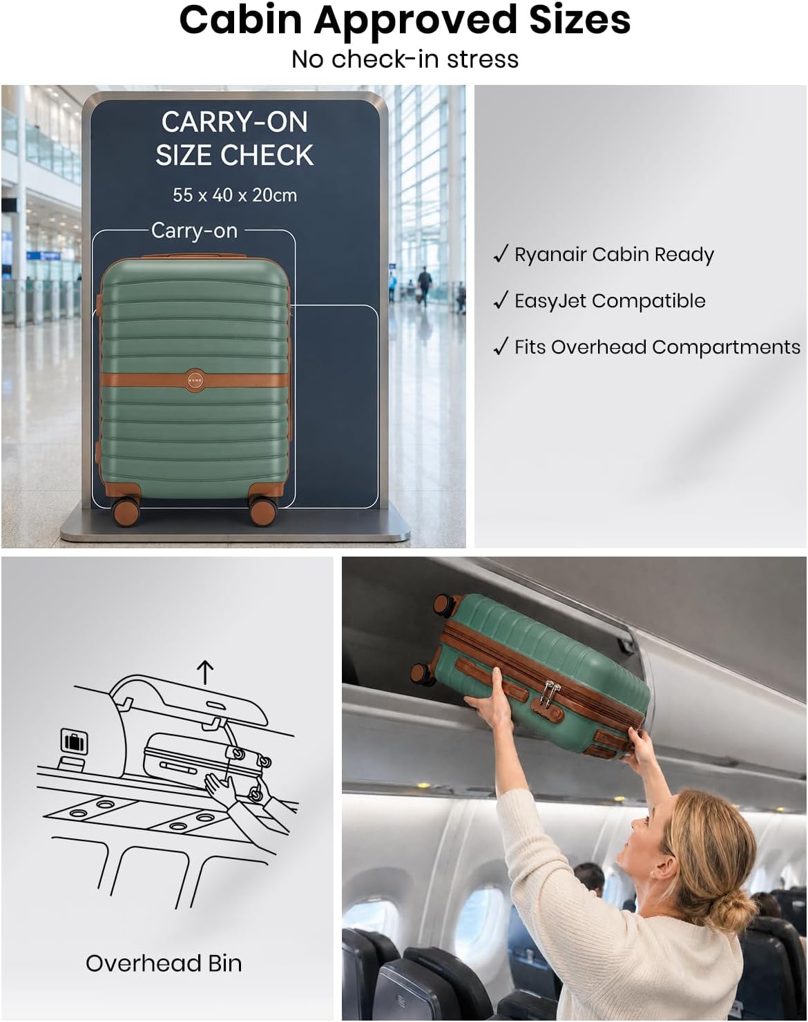 Detalle de Kono Cabin Suitcase 55x40x20 Lightweight ABS+PC Hardshell Carry-On with 3-Digit Lock