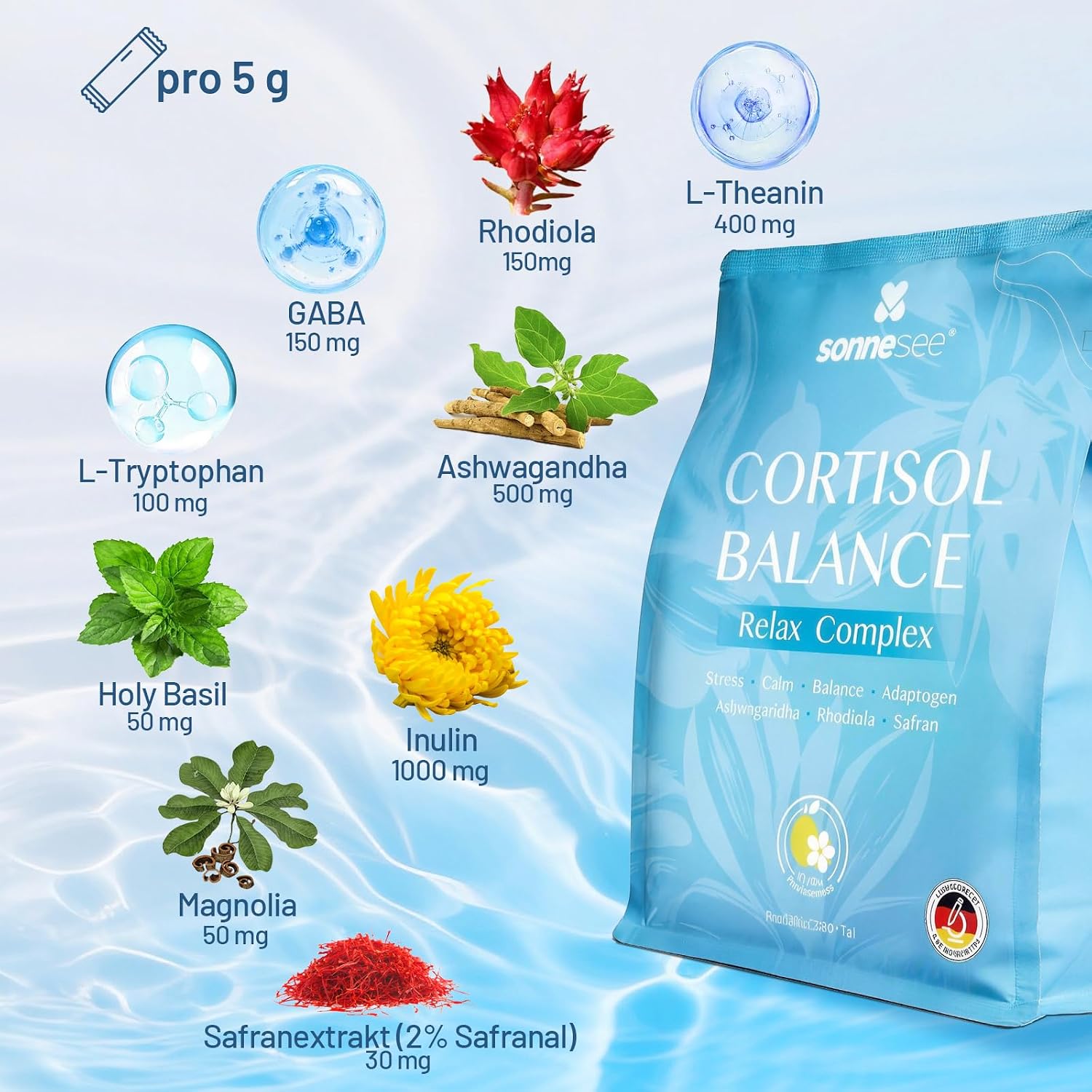 Detalle de Sonnensee Cortisol Balance Support – Stress Adaptogen Pulver (Cortisol Cocktail) mit Ashwagandha, Rhodiola, GABA & L-Theanin