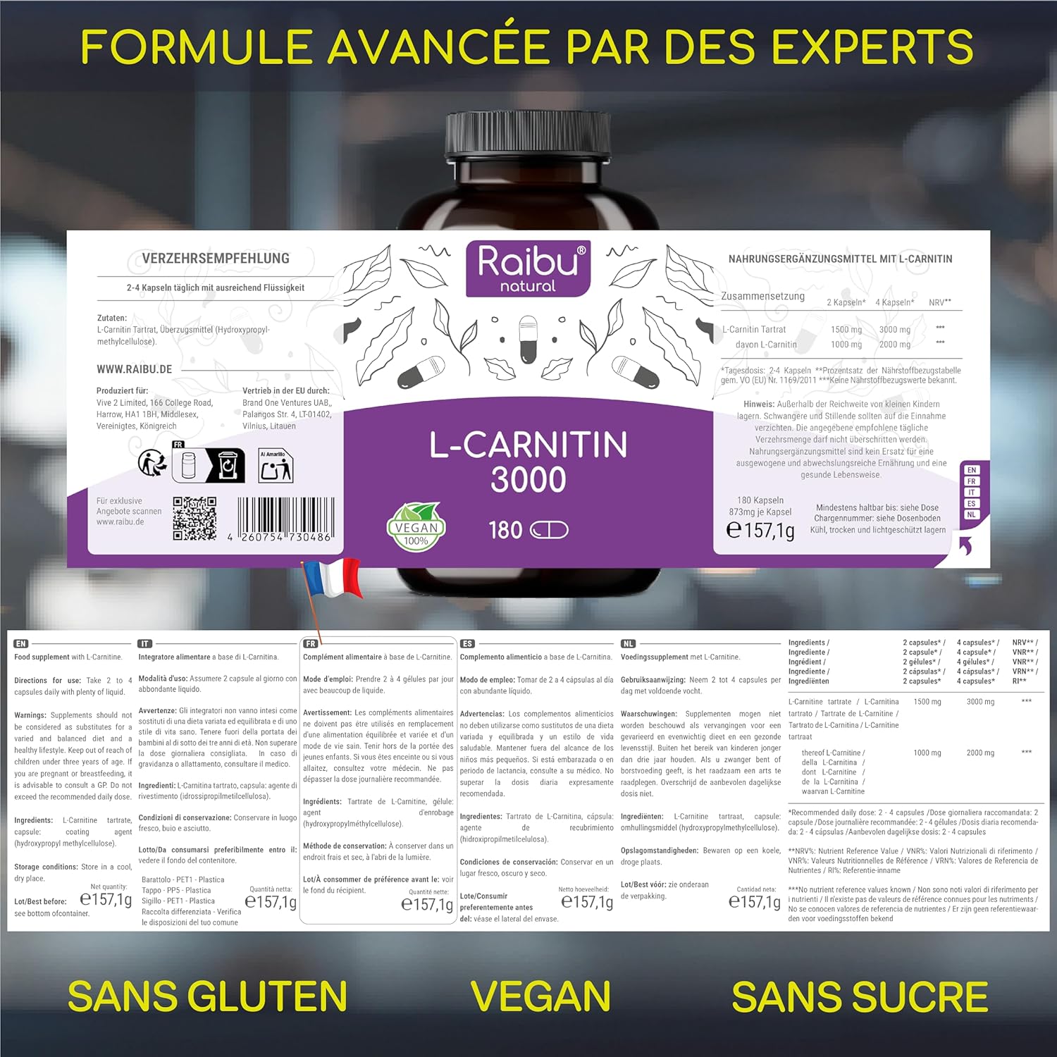 Thumbnail 2 de L-Carnitine 3000 I 180 Haute Dose Extra Fort – Gélules vegan, 3000 mg/jour