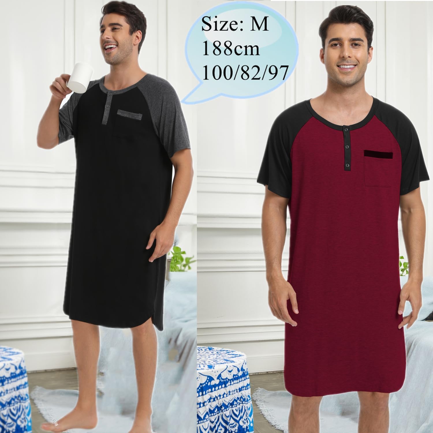 Detalle 2 de Enjoyoself Herren Nachthemd kurzarm aus Baumwolle mit Henley-Kragen