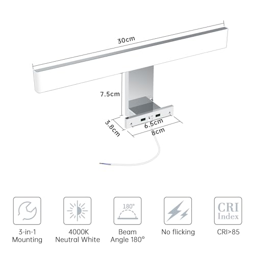Thumbnail 4 de Azhien Lampada da Specchio da Bagno LED 5W 30 cm IP44 – Luce Bianca Neutra 4000K, 500lm, Montaggio 3 in 1