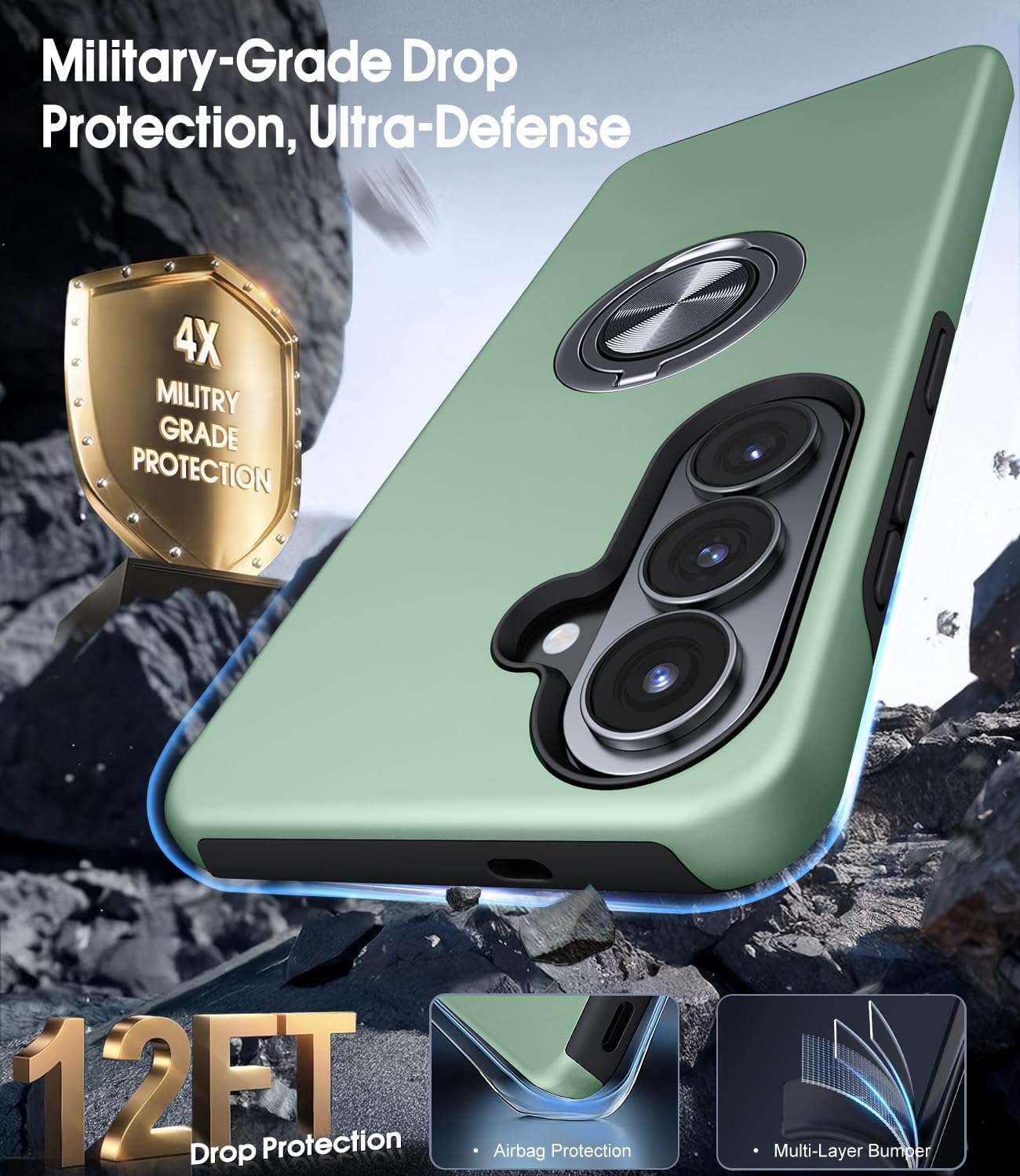 Detalle 2 de AOUIA for Samsung Galaxy S26 Case (Green) with 2-Pack Screen Protectors and 360° Rotating Ring Stand