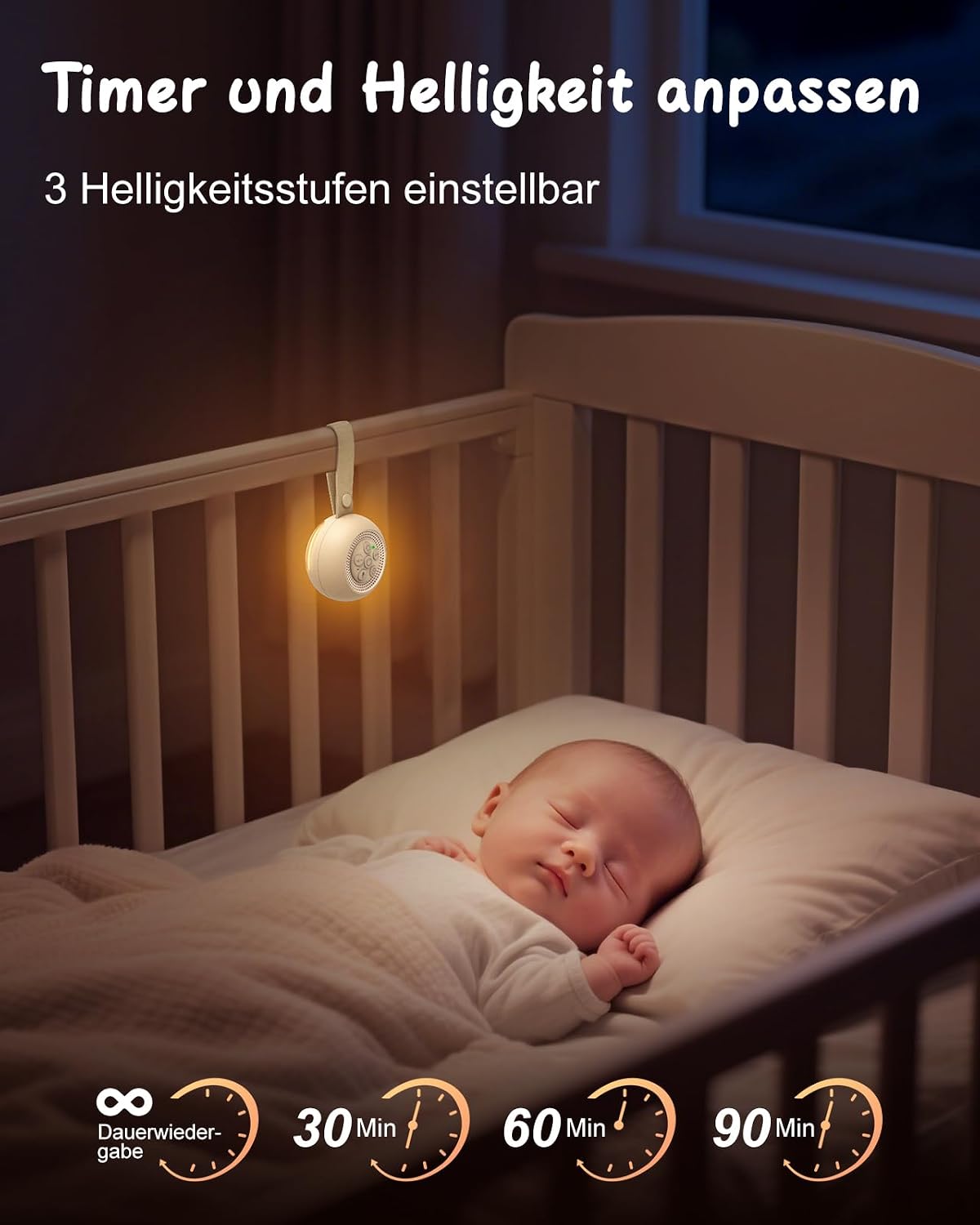 Detalle 2 de Babacom Tragbare White Noise Machine Baby mit Sprachaufzeichnung – 15 beruhigende Geräusche, Nachtlicht, Timer und USB-C