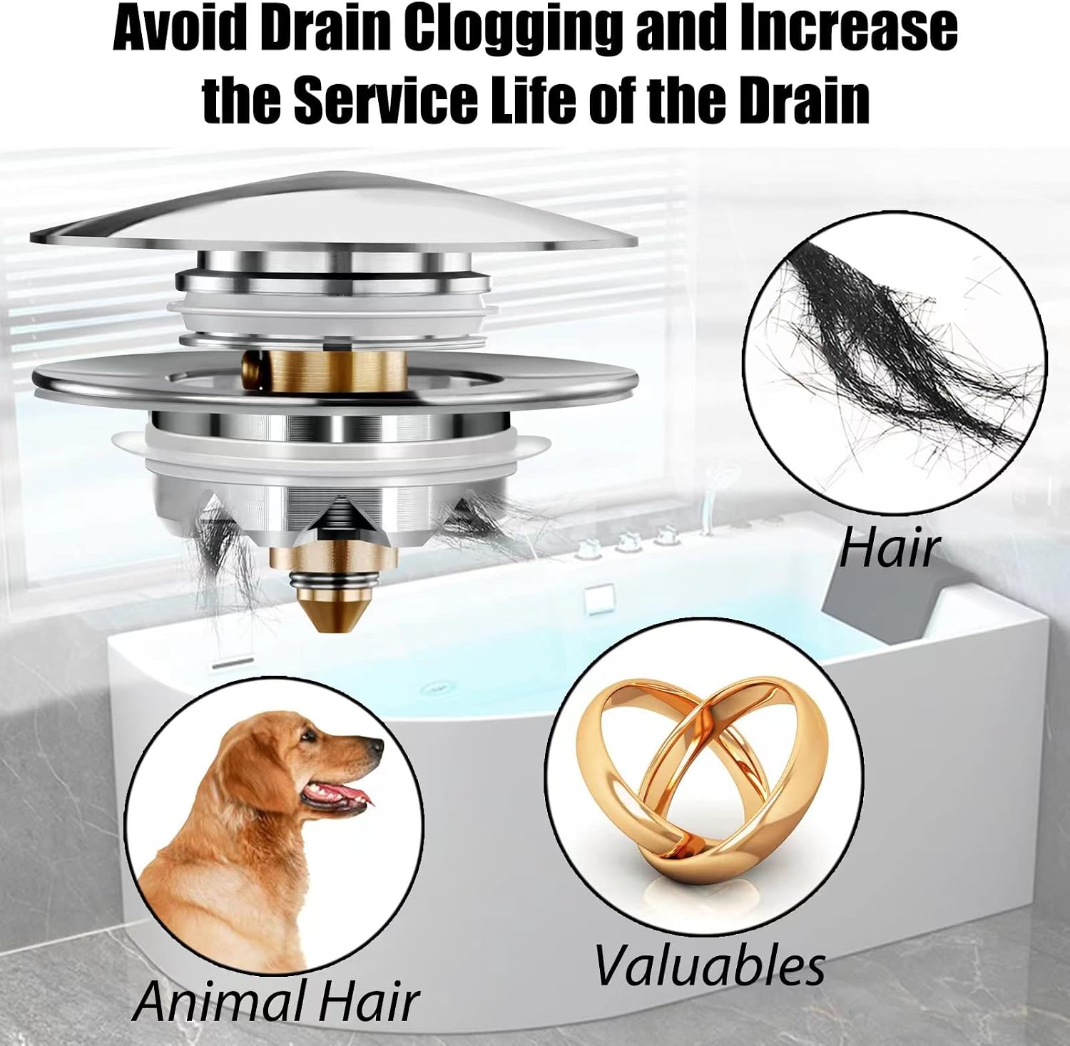 Detalle de Anlige Pop-Up Bathtub Drain Stopper with Hair Catcher, Chrome Silver