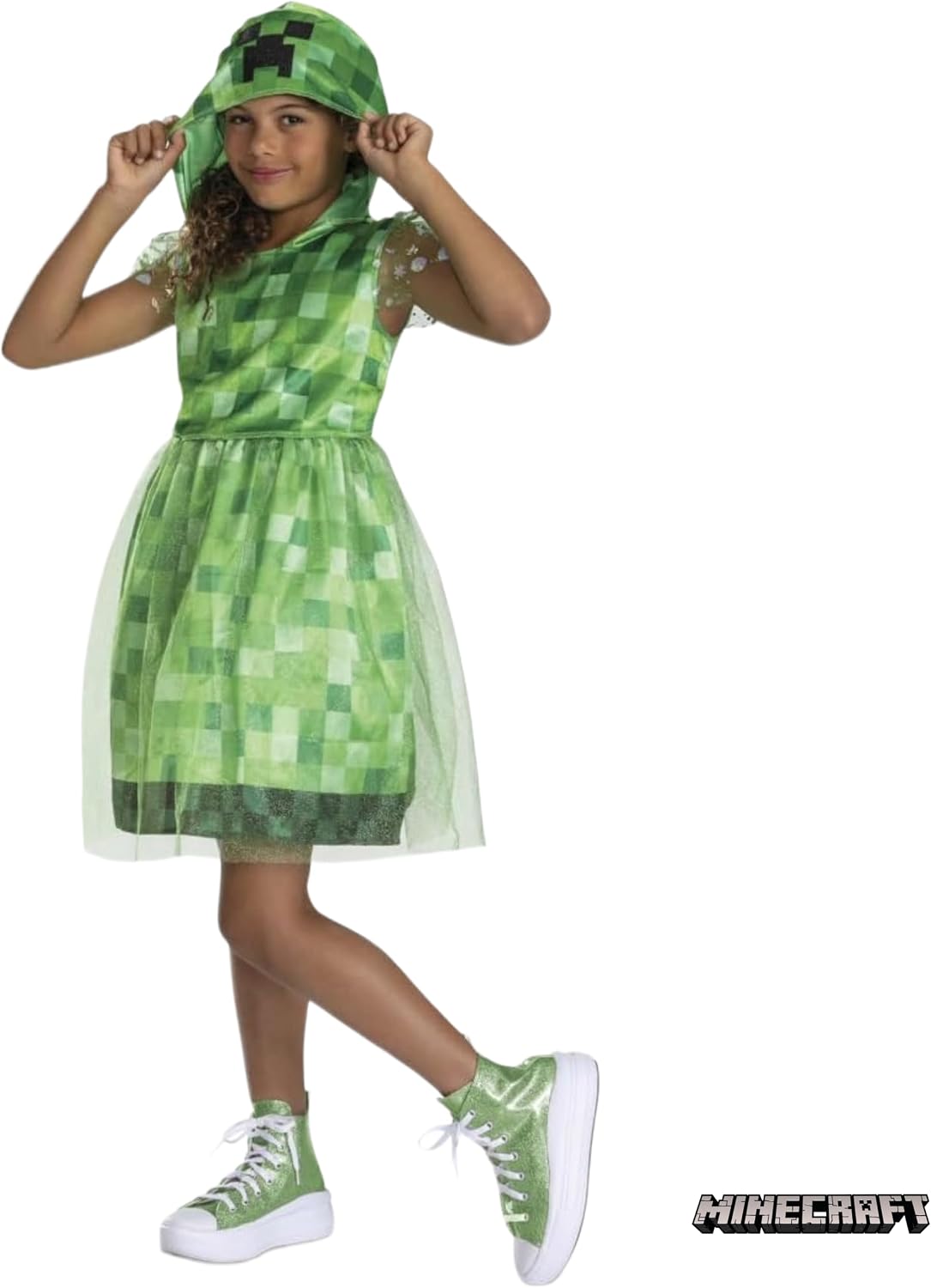 Detalle de Minecraft Creeper verkleedjurk met capuchon, pixelprint en meshdetails