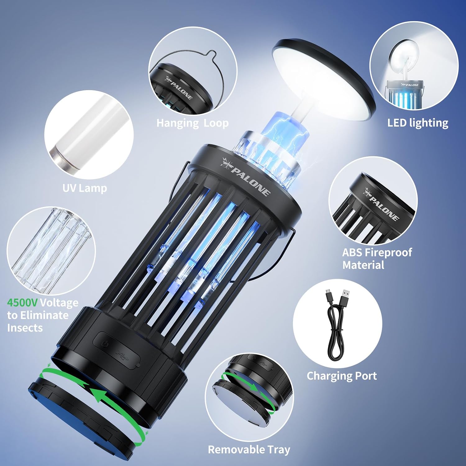 Detalle de Rechargeable Bug Zapper with Adjustable Light — PALONE 4000mAh USB Mosquito Killer