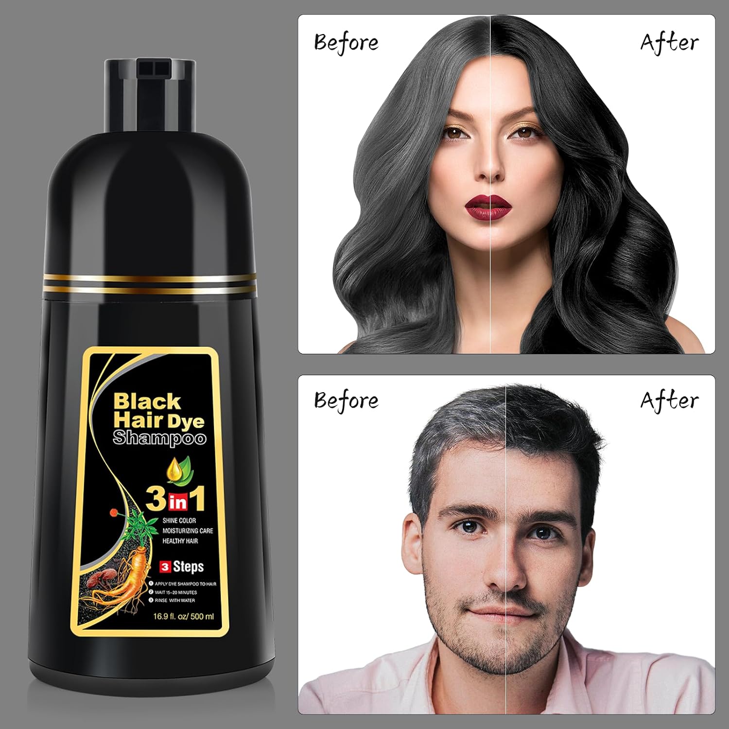 Detalle 2 de Bablabear Haarfarbe Shampoo Schwarz 3-in-1 – Graues Haar deckend, 500 ml
