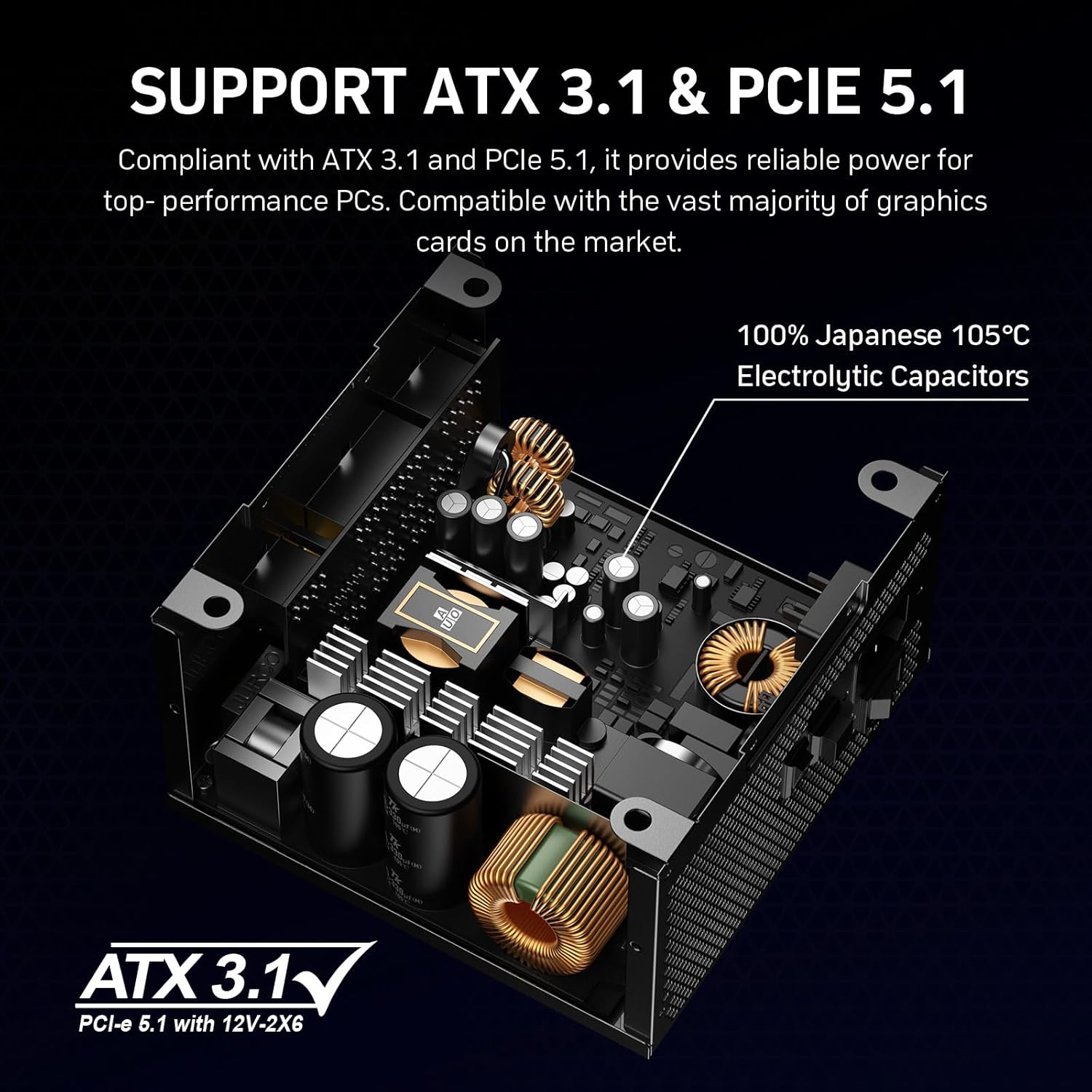 Detalle de Auotac 1000W Fully Modular Power Supply (80+ Gold, ATX 3.1 & PCIe 5.1 Ready) with RGB Silent Fan