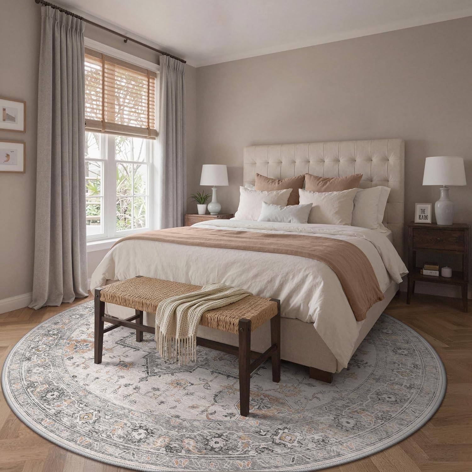 Thumbnail 2 de GENIMO 9 Ft Washable Round Area Rug in Taupe with Vintage Floral Circle Design