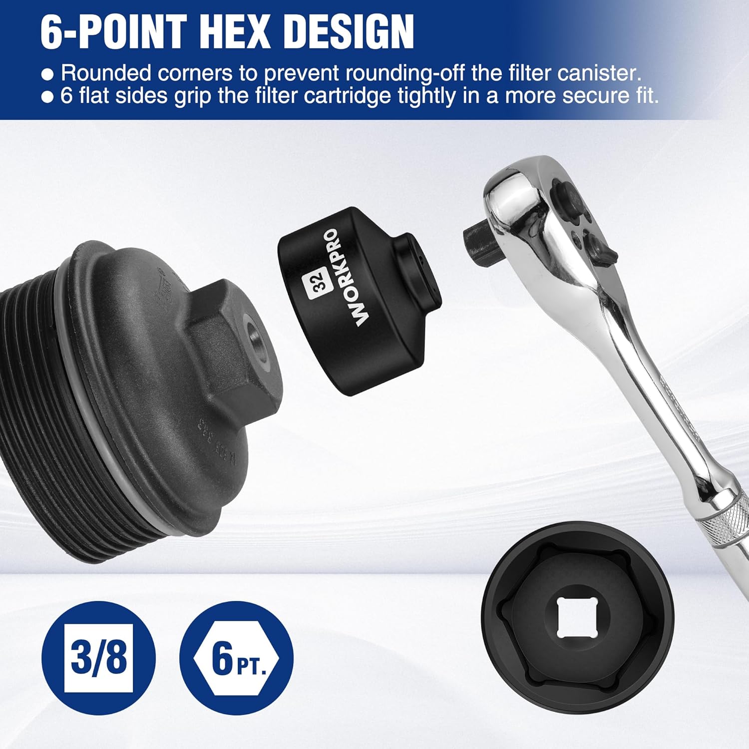 Detalle de WORKPRO 32mm Oil Filter Socket Wrench, 6-Point Hex, 3/8-Inch Drive