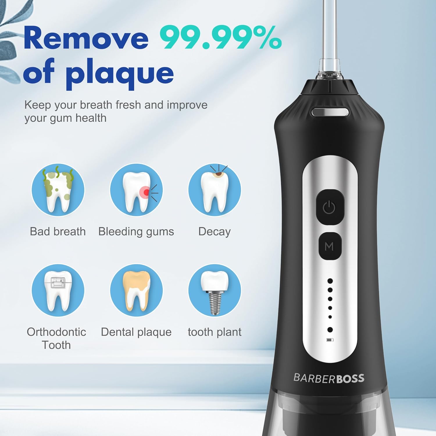 Detalle 2 de BarberBoss Hydropulseur QR-7025 (Noir) – Kit d’hygiène bucco-dentaire sans fil