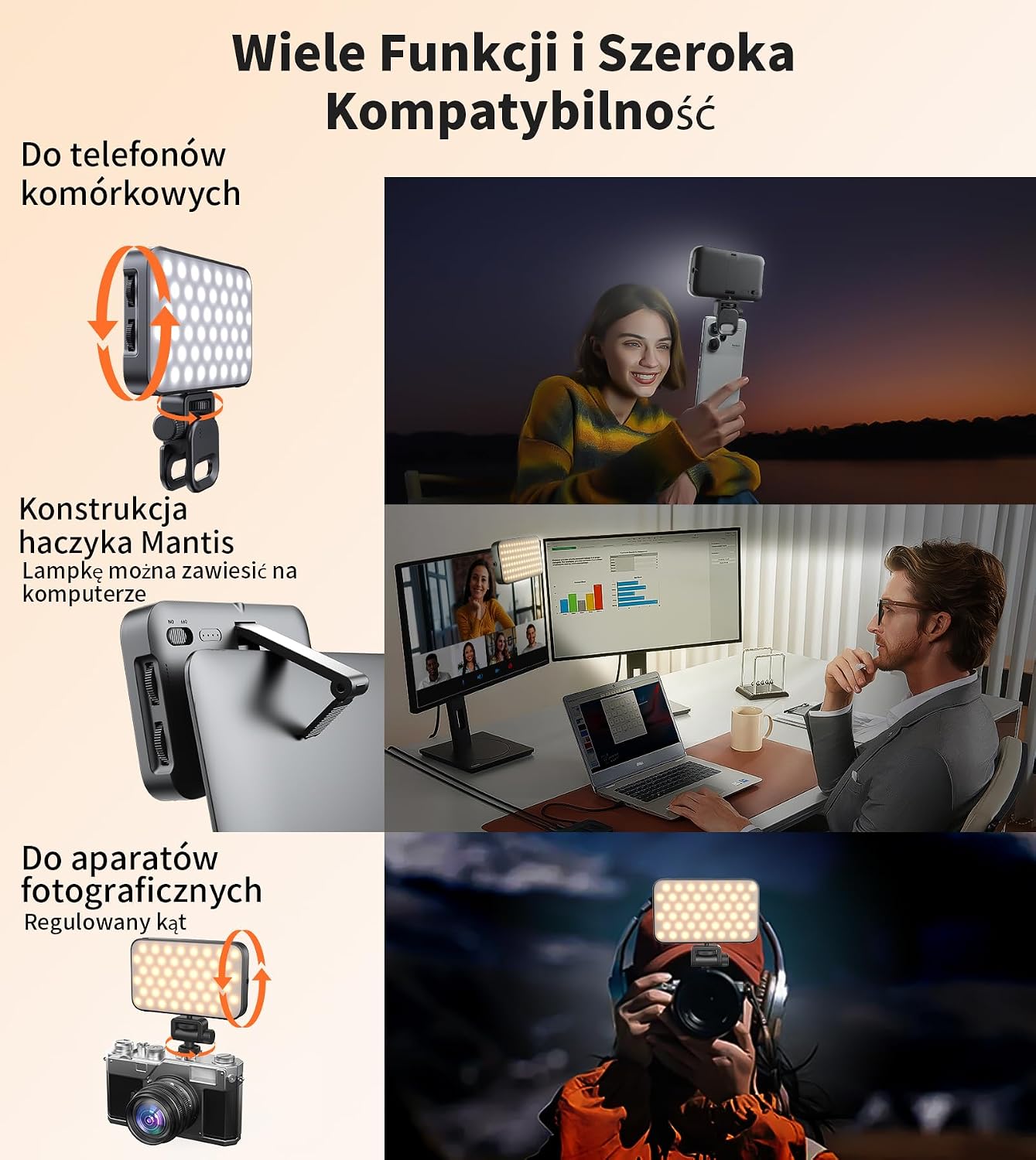 Detalle 2 de TONEOF L01 ładowana lampa do selfie z dyfuzorem i regulacją światła