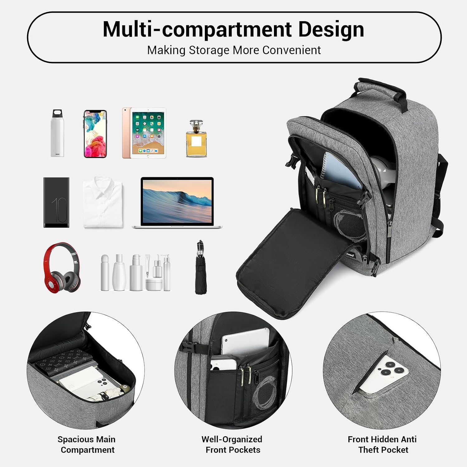 Thumbnail 2 de Kono 20L Travel Backpack in Grey with Padded 15.6-inch Laptop Compartment