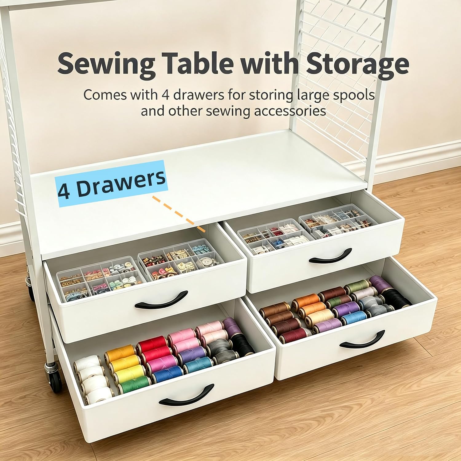 Detalle 2 de Lanlelin Standard Folding Sewing Table with Storage, 70 Pegs and 4 Drawers