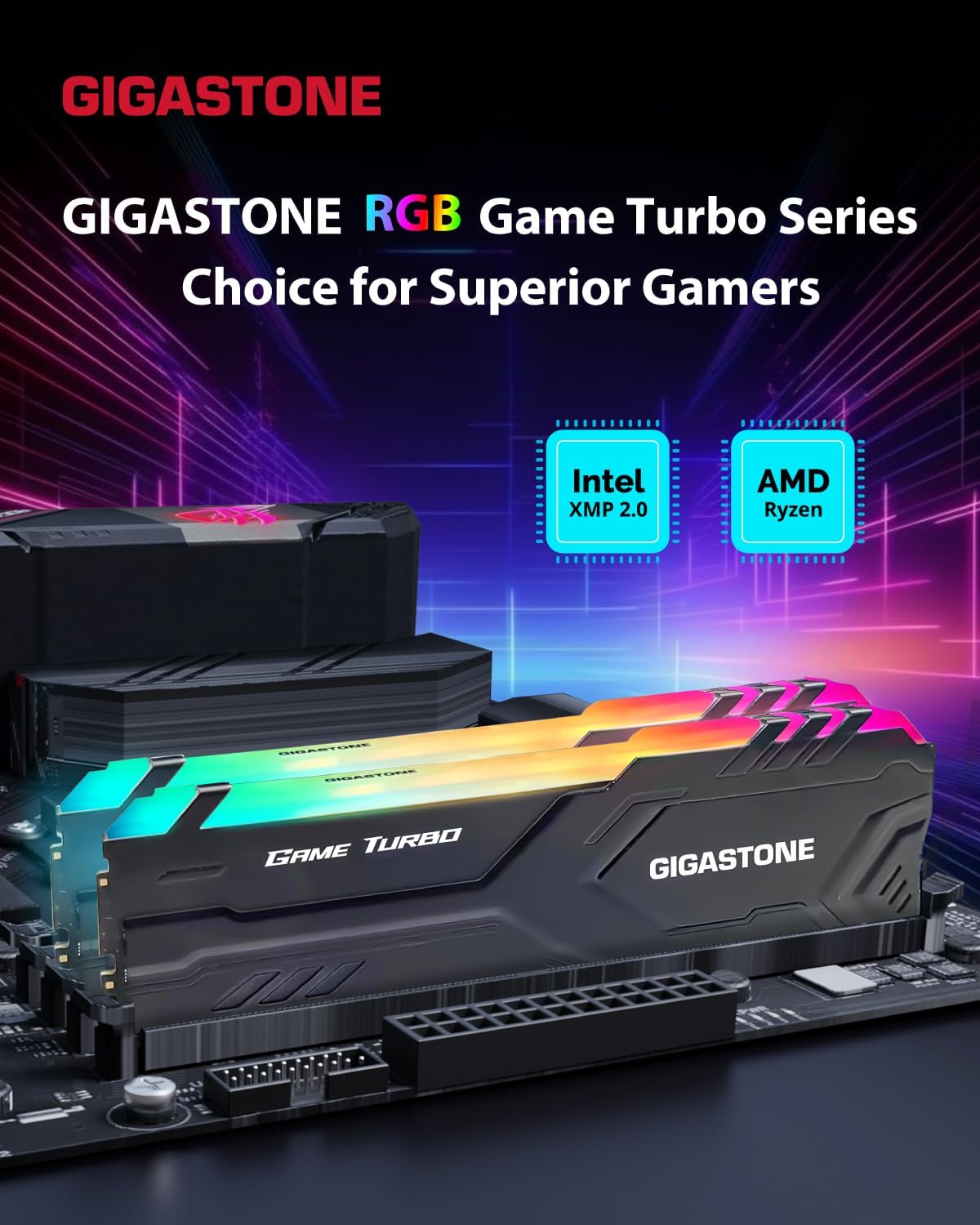 Detalle 2 de GIGASTONE Game TURBO 32GB (2x16GB) DDR4 3200MHz UDIMM RGB RAM