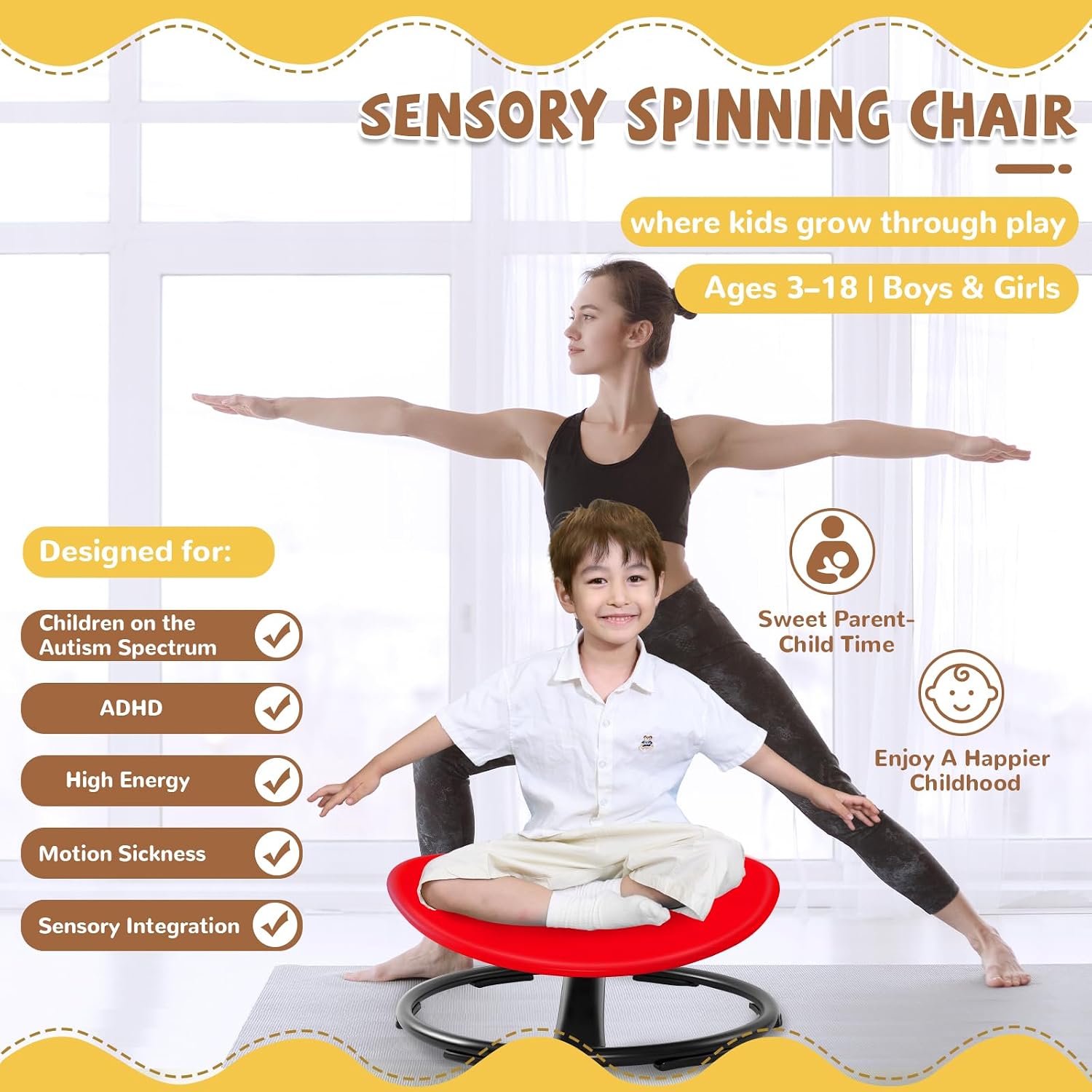 Thumbnail 5 de Zhenx Spinning Chair for Autistic Kids (Ages 3-18) — 220 lb Capacity Sensory Swivel Seat (Red)