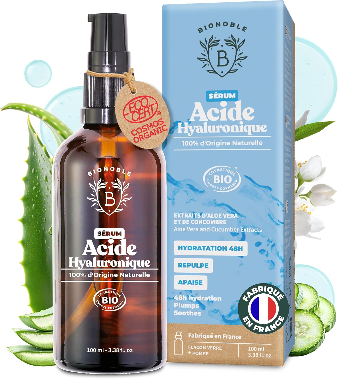 Detalle de BIONOBLE Sérum Visage Acide Hyaluronique Pur certifié bio – Hydratation et anti-âge en France