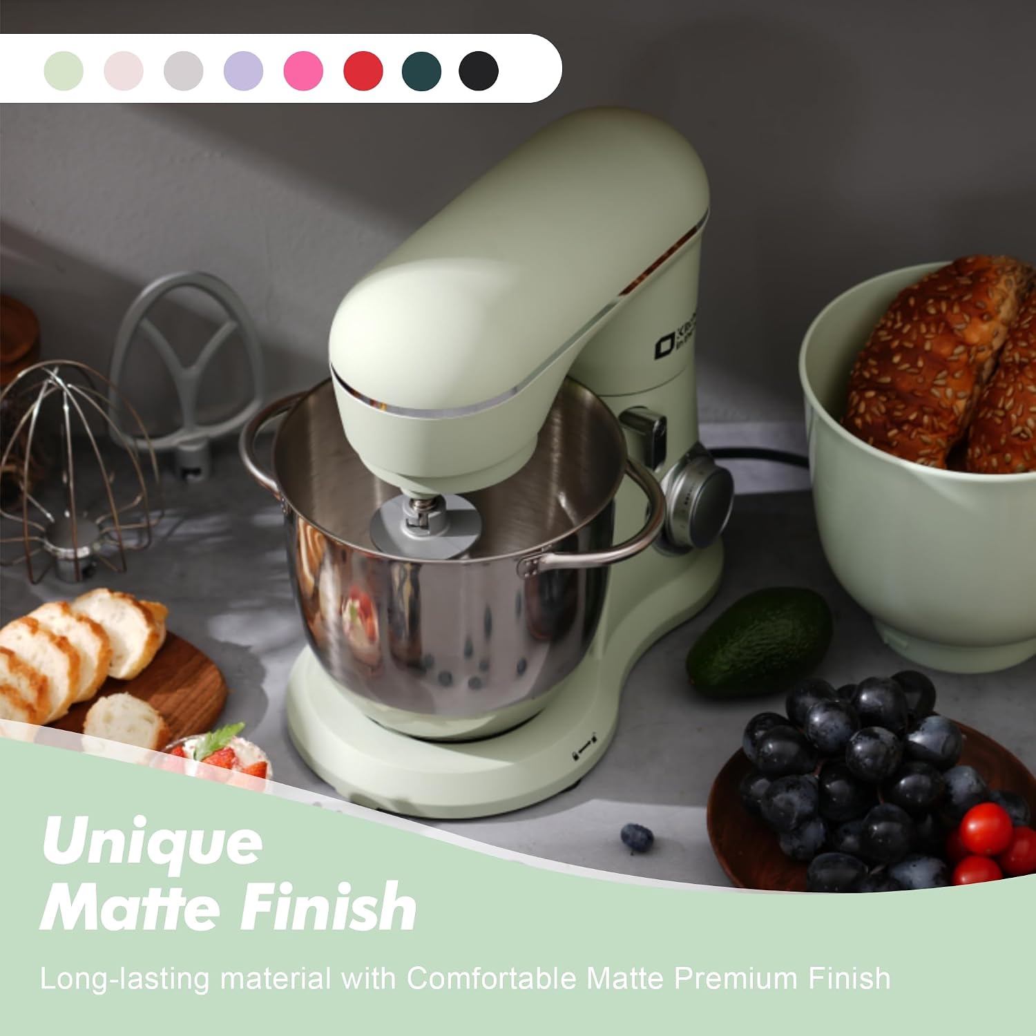 Detalle 2 de Kitchen in the box stand mixer (4.5L + 5L) with 10 speeds, dough hook, whisk & beater, 1300W, two-bowl design – light green