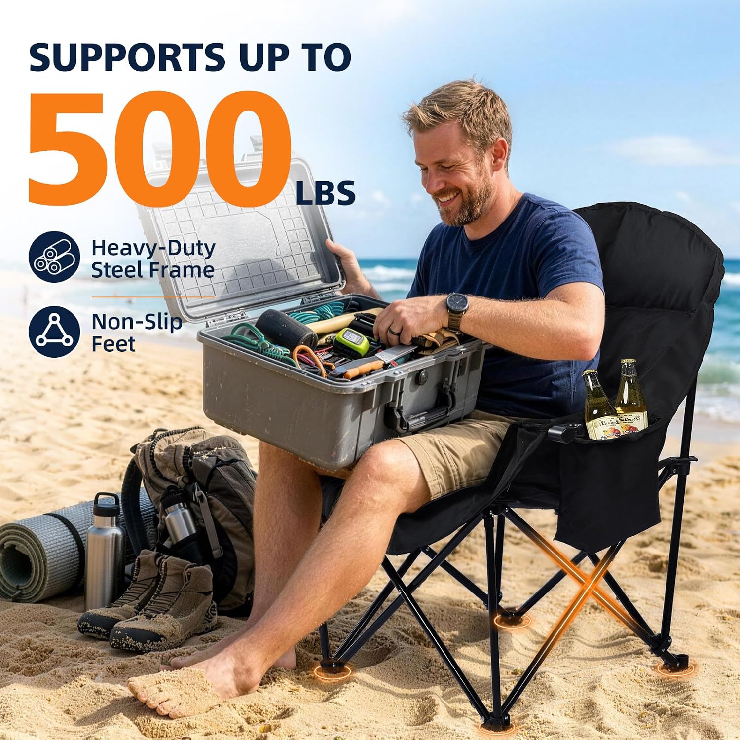 Detalle de DasEpic PW-RC739Ha2-Allblack Oversized Folding Camping Chair, Padded, 500 lb