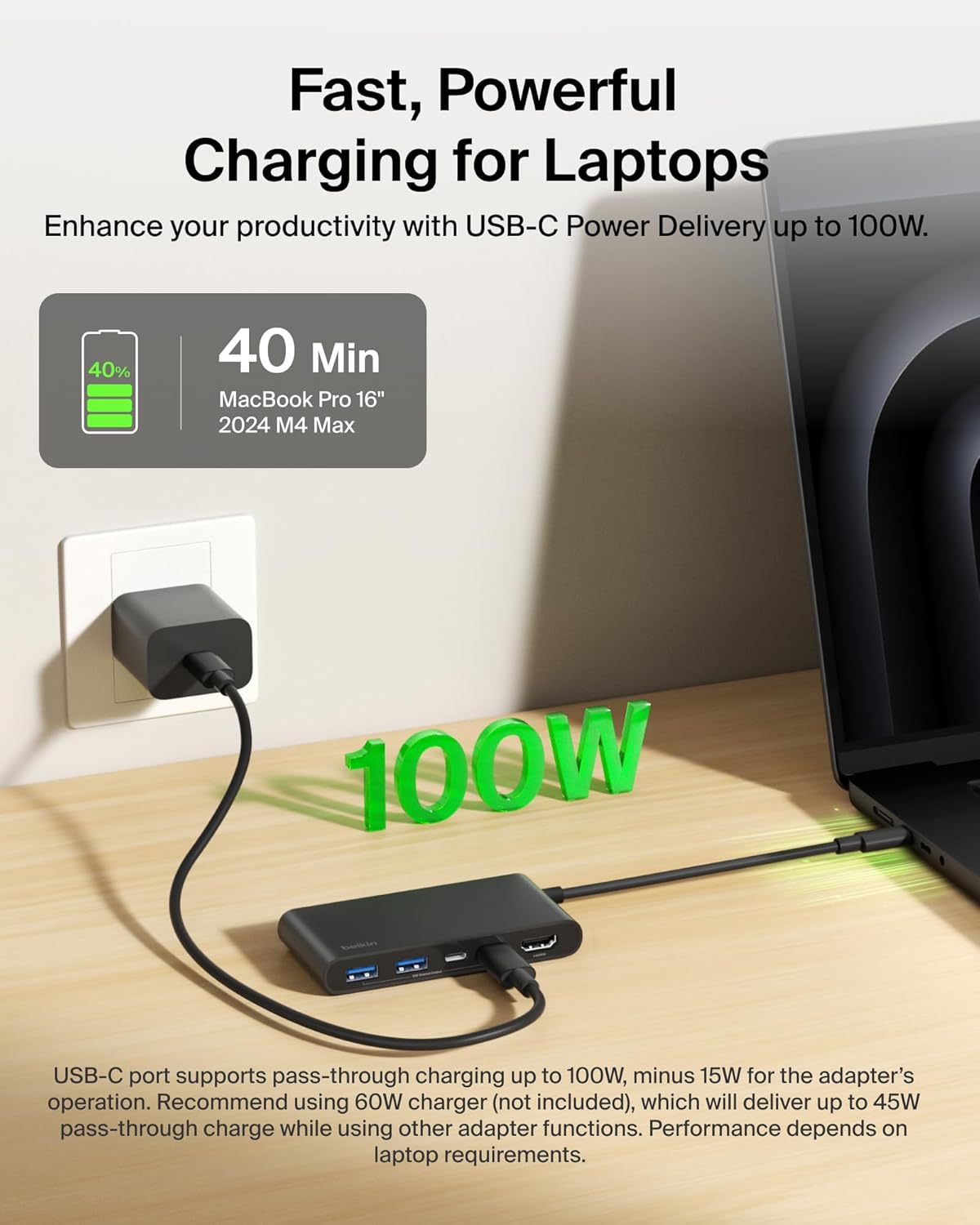 Detalle de Belkin USB-C Hub 5-Port with 4K HDMI (up to 60Hz) and 100W Power Delivery, 5Gbps Data Transfer