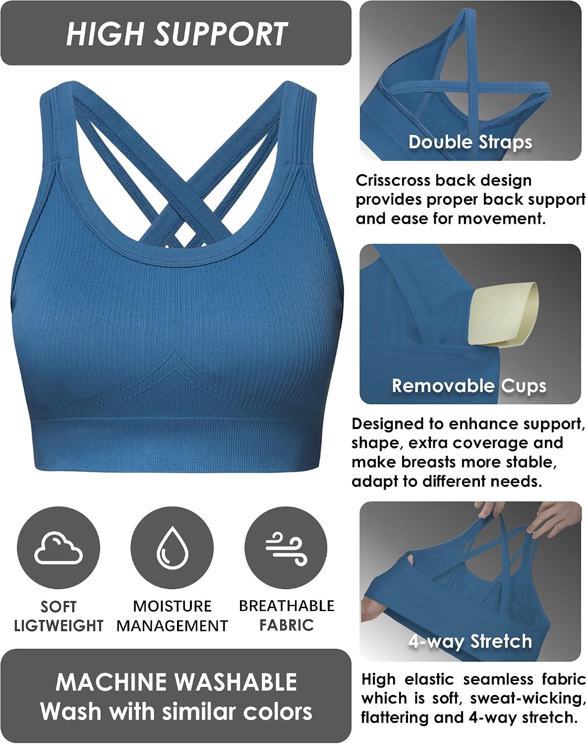 Detalle de Sports Bras for Women HIigh Support: Criss-Cross Back Padded High-Impact, Suitable for Large Bust