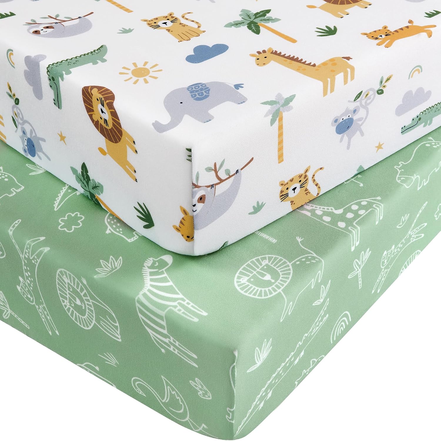 Detalle de Nyessmee Pack and Play Sheets, 2-Pack, 38" x 26", Green Animals