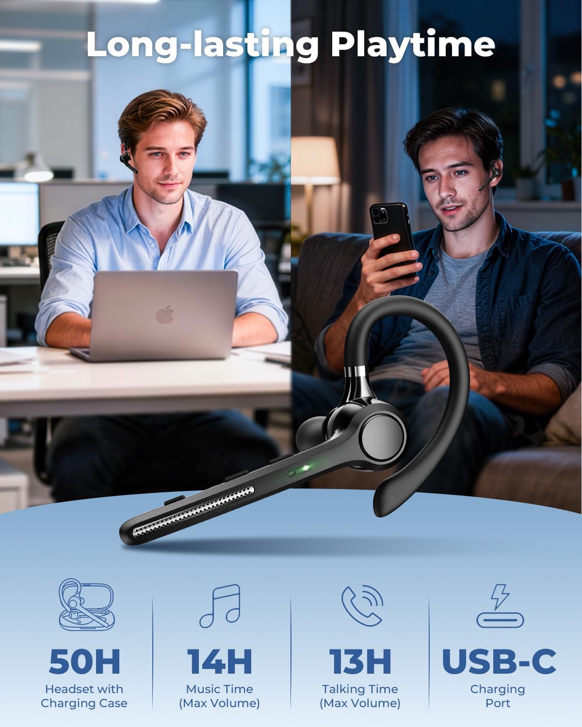 Detalle 2 de Ngsod Bluetooth Headset with Mic, Wireless Earpiece Noise Canceling, 500mAh Charging Case (72H Talking Time Support)