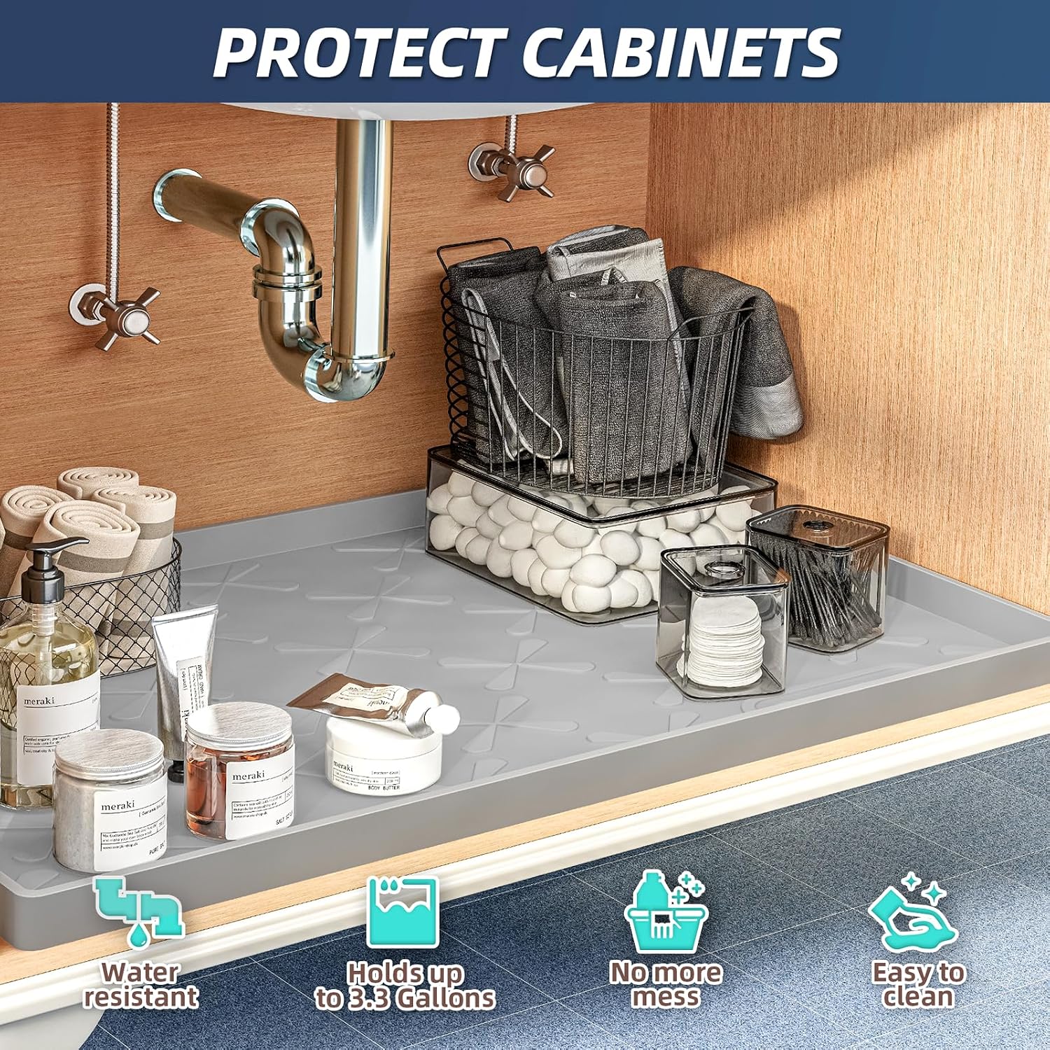 Detalle de SIKADEER Under Sink Mat 34" x 19" Silicone Cabinet Protector with Raised Edges
