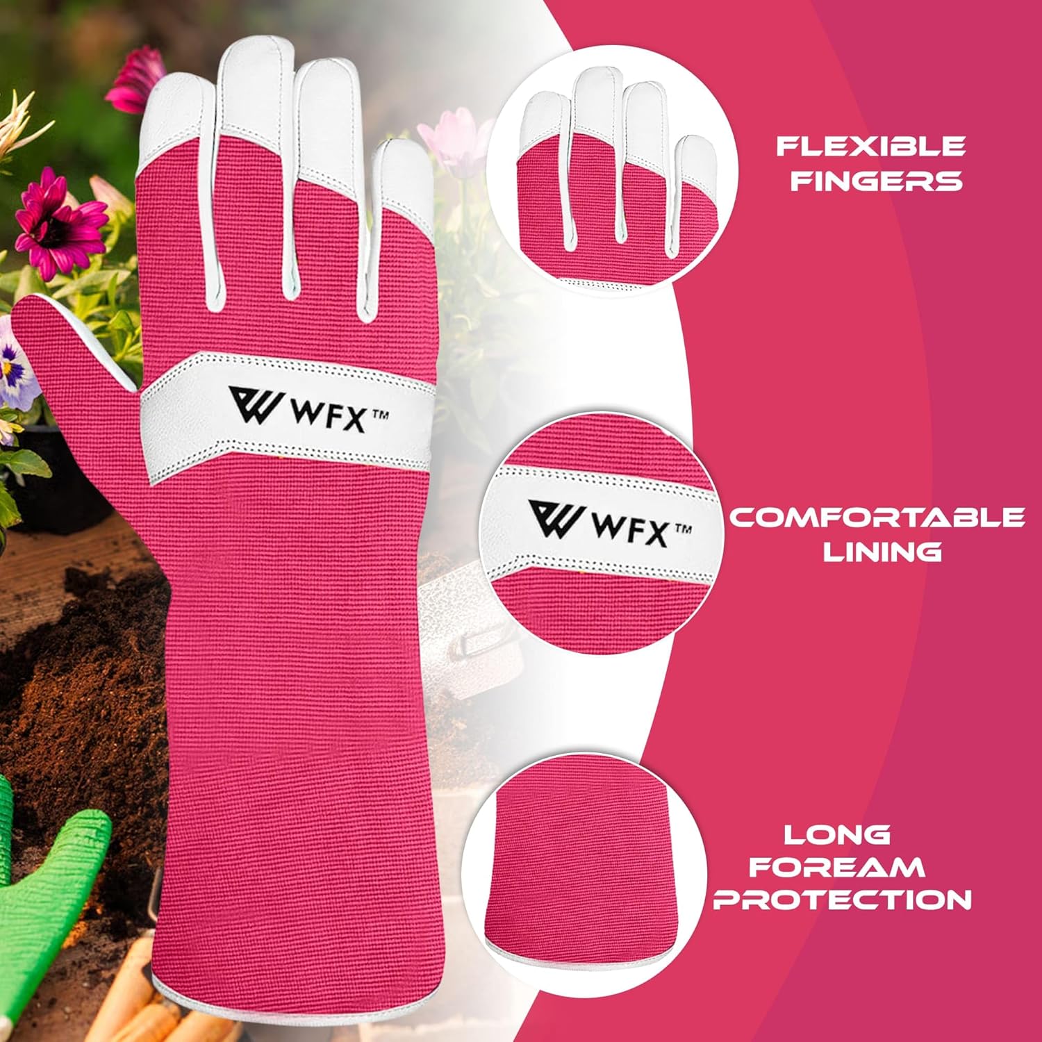 Thumbnail 1 de WFX Long Gardening Gloves – Leather Goatskin, Thorn-Proof, Forearm Protection (Small, Pink)