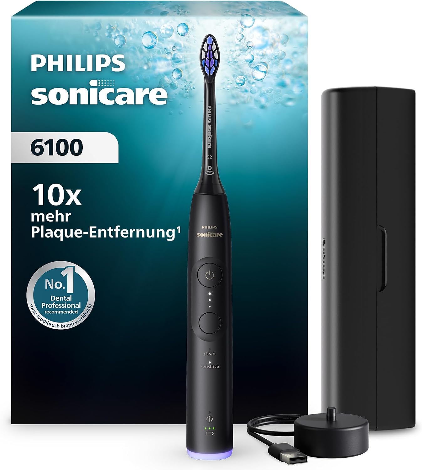 Detalle de Philips Sonicare Series 6100 HX7401/12 – Elektrische Schallzahnbürste, 6 Reinigungsprogramme, Drucksensor und Reiseetui (Schwarz)