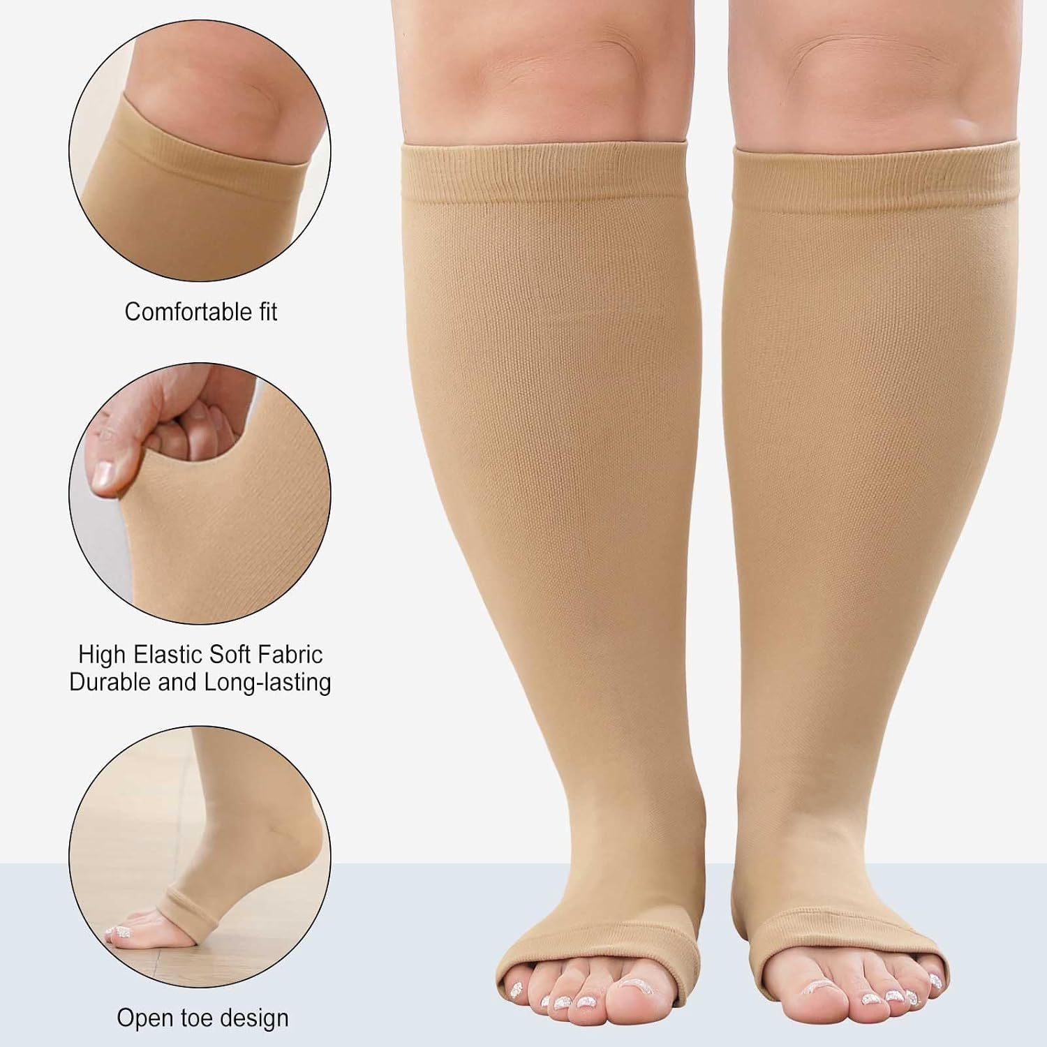 Detalle de LOFIR Plus Size Compression Socks: Flight Socks for Women and Men with Wide Calves (20–30 mmHg, Open Toe)