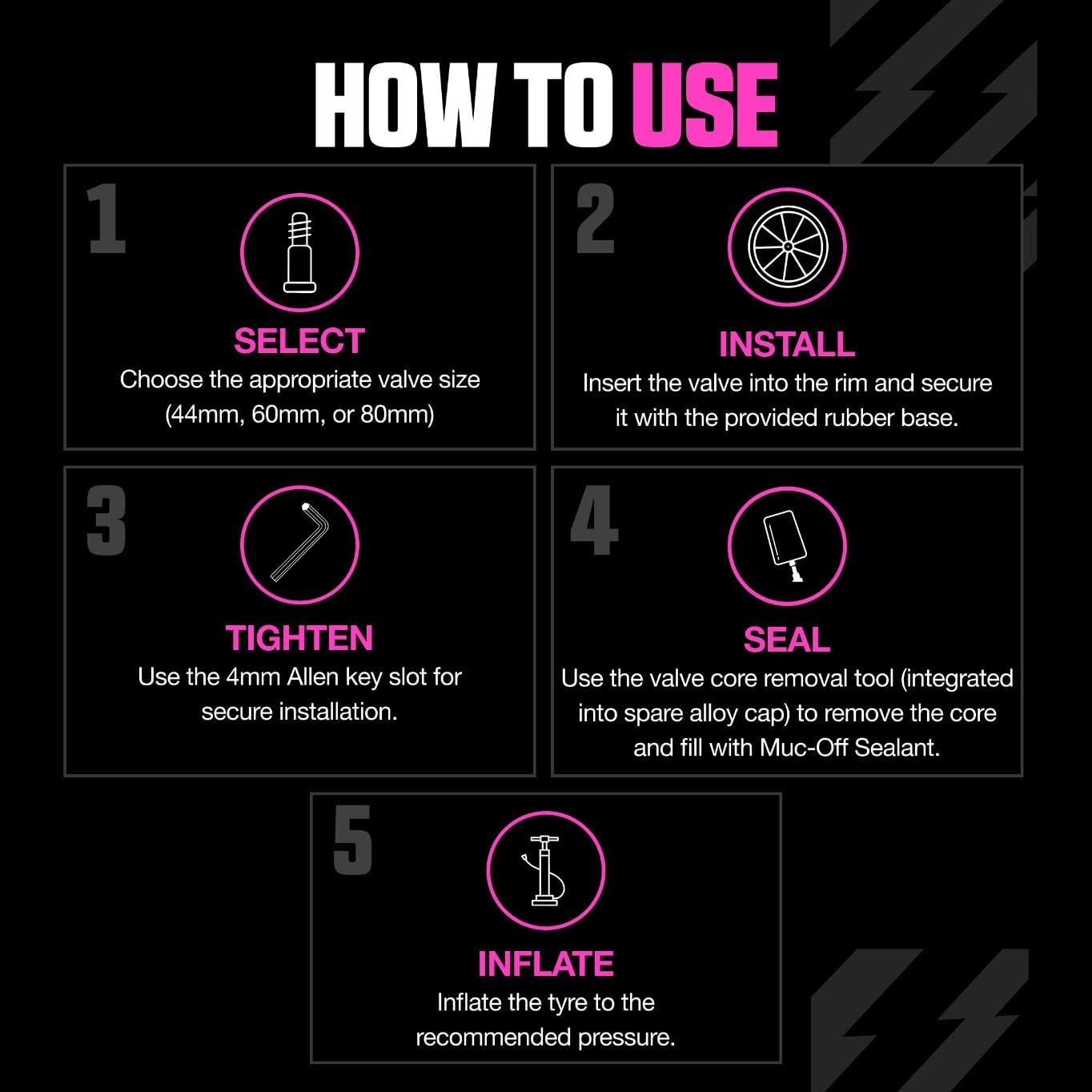 Detalle de Muc-Off valvole Presta nere per tubeless 44 mm (1 coppia) con smonta-valvola incluso