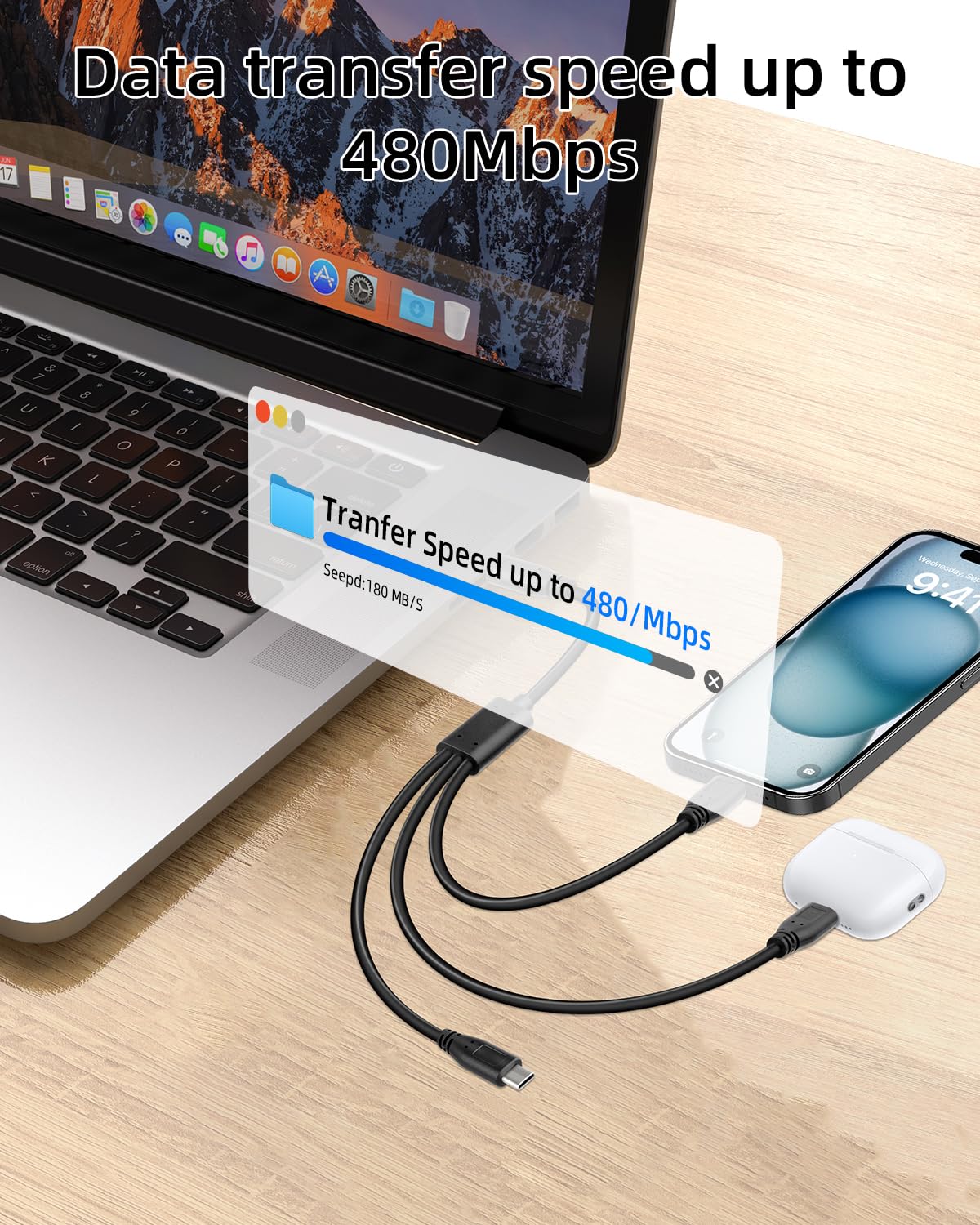 Detalle de RIIEYOCA USB-C Multi Charging Cable 30cm (2 Pack) – 3x USB-C Charging Ports, 5V/3A