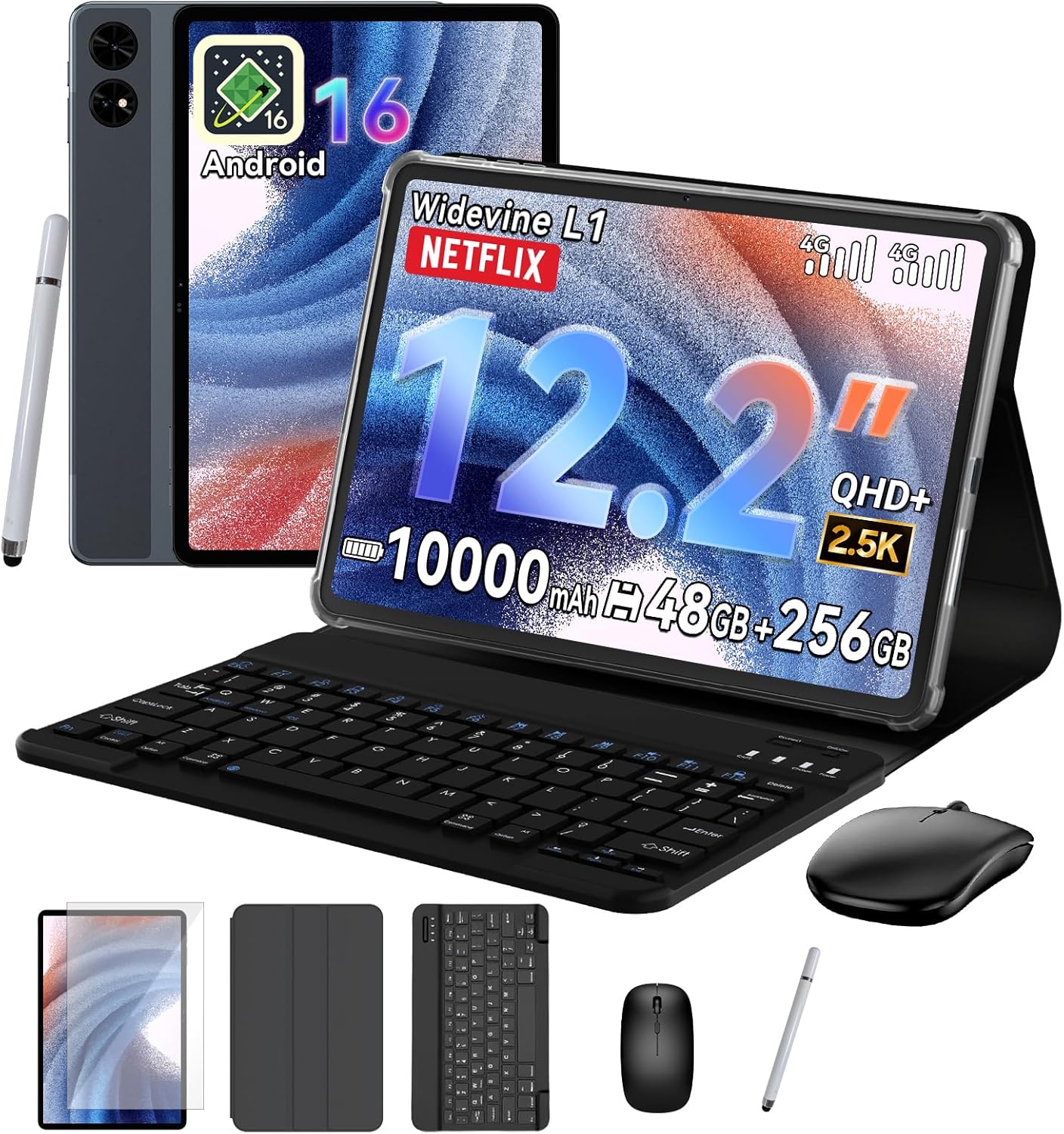 Detalle de TABWEE T60 12 Zoll Tablet mit Tastatur – Android 16, 48 GB RAM + 256 GB, SIM & 4G LTE